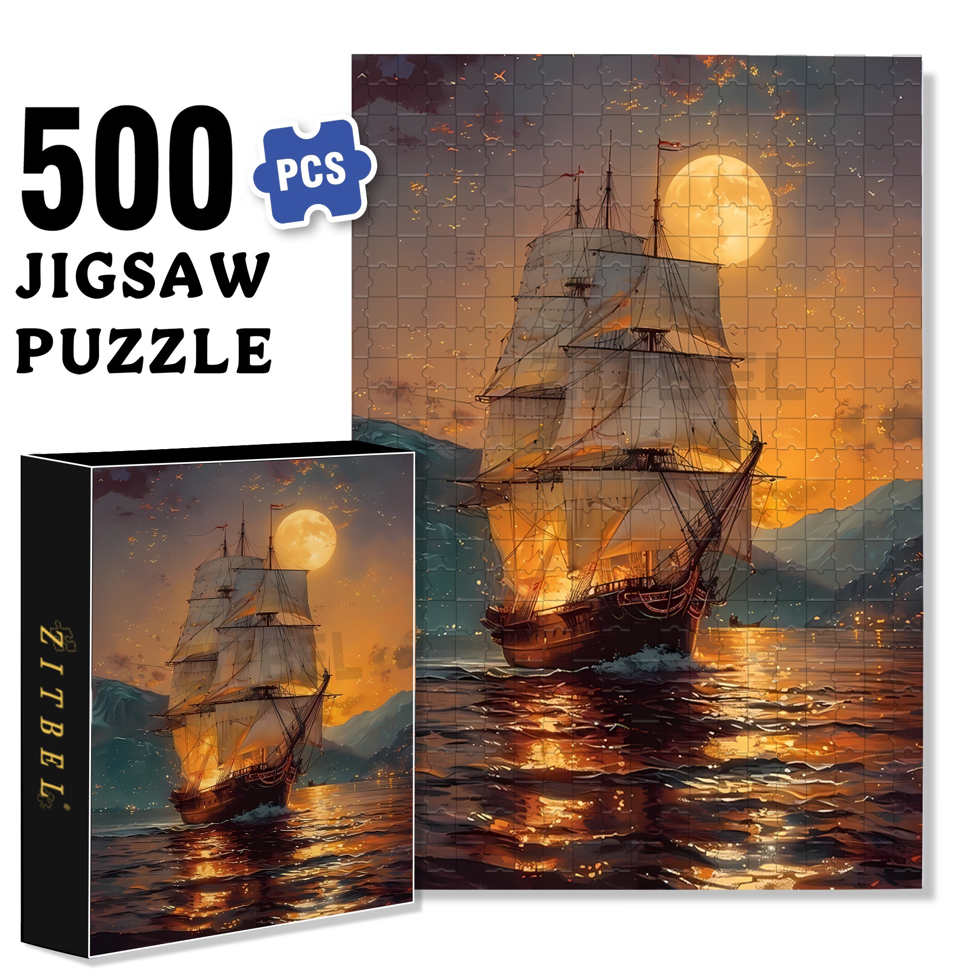 Moonlit Sailing 500pcs/1000pcs Jigsaw Puzzle, Scratch-Resistant, Interactive Family Game & Brain-Boosting DIY Decor, Perfect for Halloween, Christmas & New Year Gifts, Family Puzzle Game