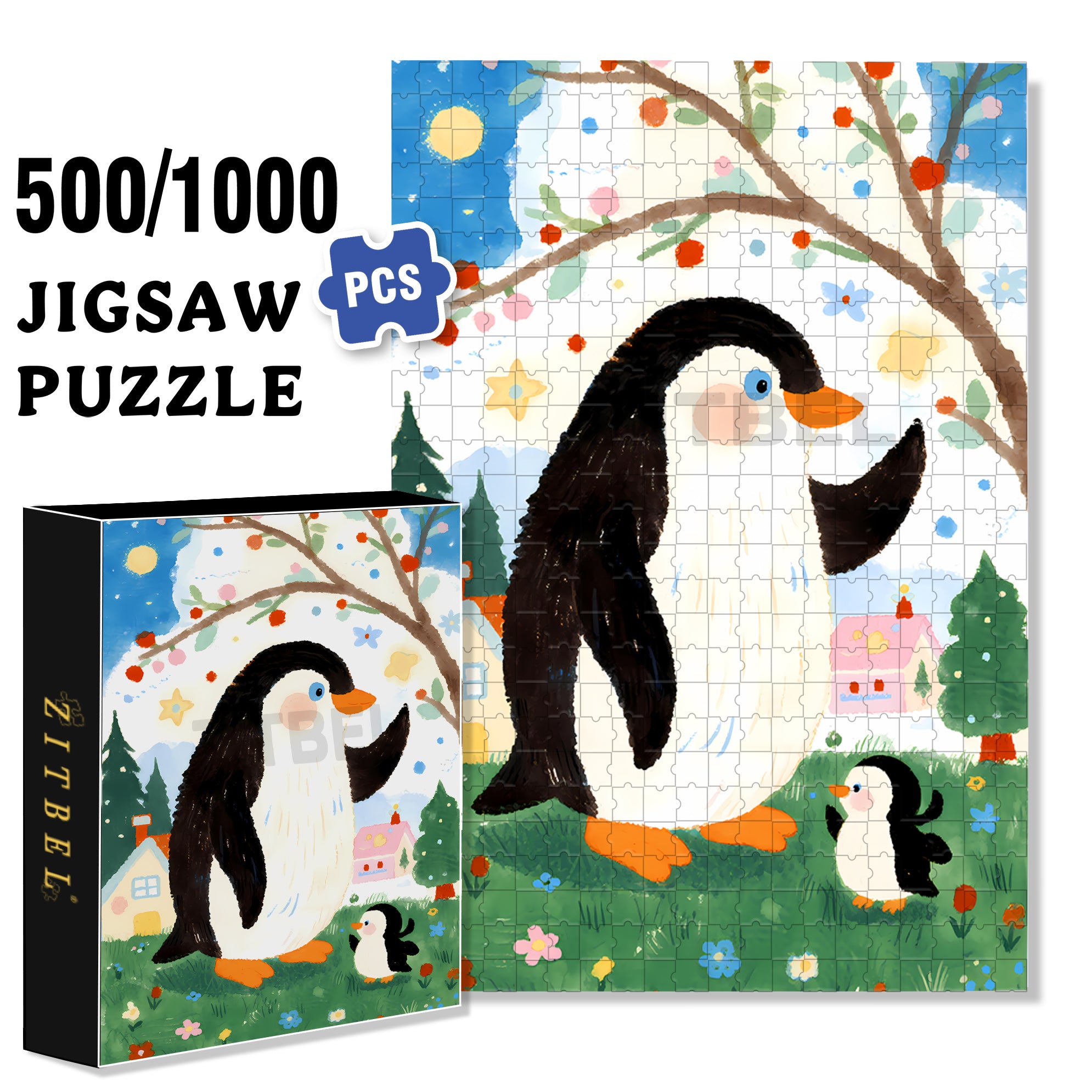 Penguin 500pcs/1000pcs Jigsaw Puzzle, Scratch-Resistant, Interactive Family Game & Brain-Boosting DIY Decor, Perfect for Halloween, Christmas & New Year Gifts, Family Puzzle Game