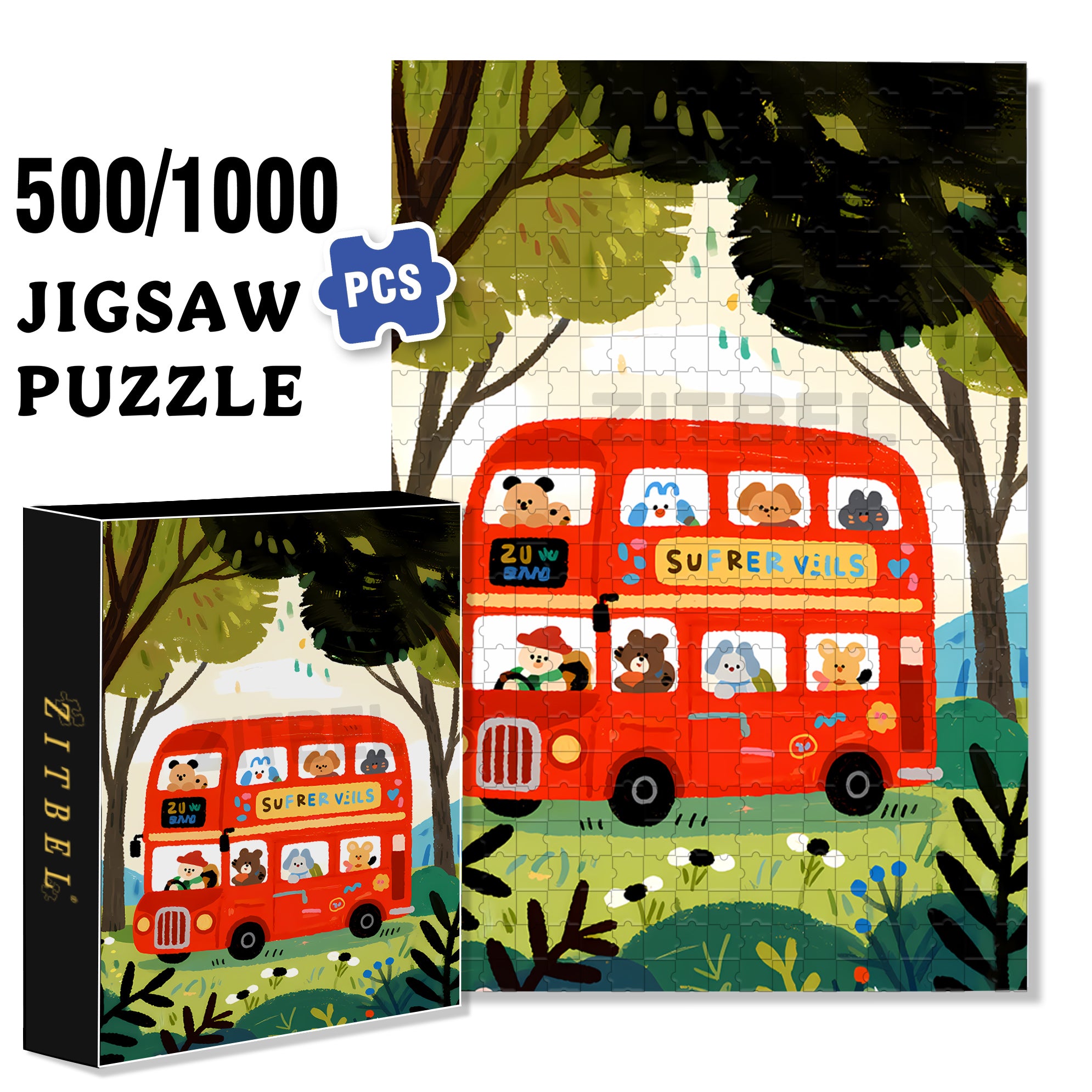 Red Bus 500pcs/1000pcs Jigsaw Puzzle, Scratch-Resistant, Interactive Family Game & Brain-Boosting DIY Decor, Perfect for Halloween, Christmas & New Year Gifts, Family Puzzle Game