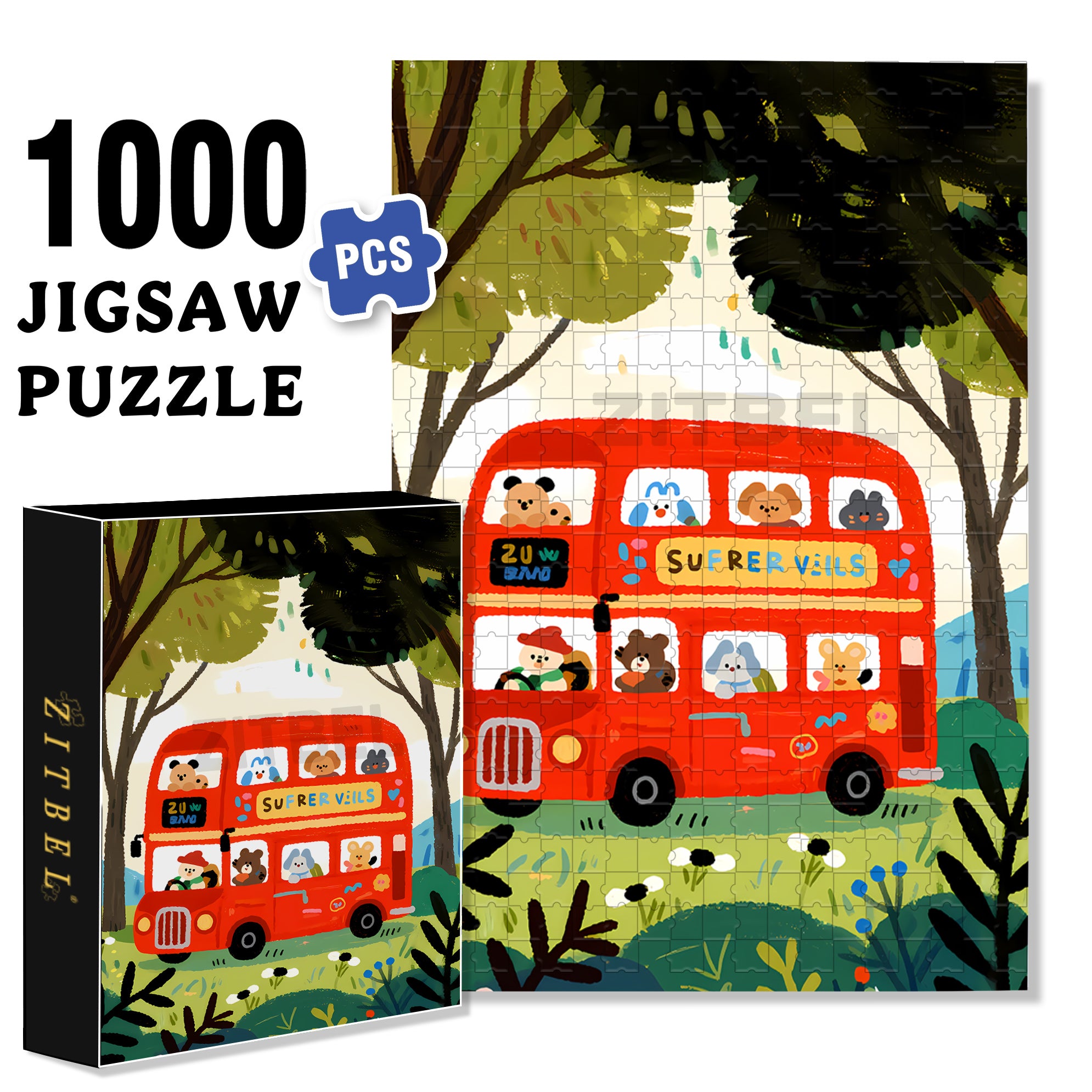Red Bus 500pcs/1000pcs Jigsaw Puzzle, Scratch-Resistant, Interactive Family Game & Brain-Boosting DIY Decor, Perfect for Halloween, Christmas & New Year Gifts, Family Puzzle Game