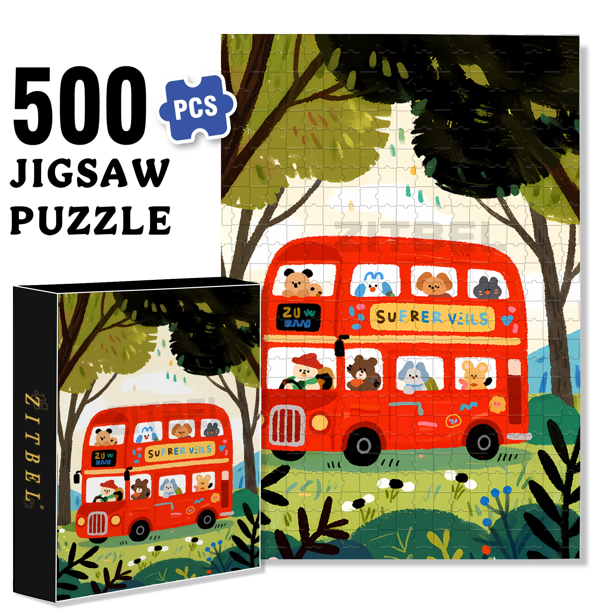 Red Bus 500pcs/1000pcs Jigsaw Puzzle, Scratch-Resistant, Interactive Family Game & Brain-Boosting DIY Decor, Perfect for Halloween, Christmas & New Year Gifts, Family Puzzle Game