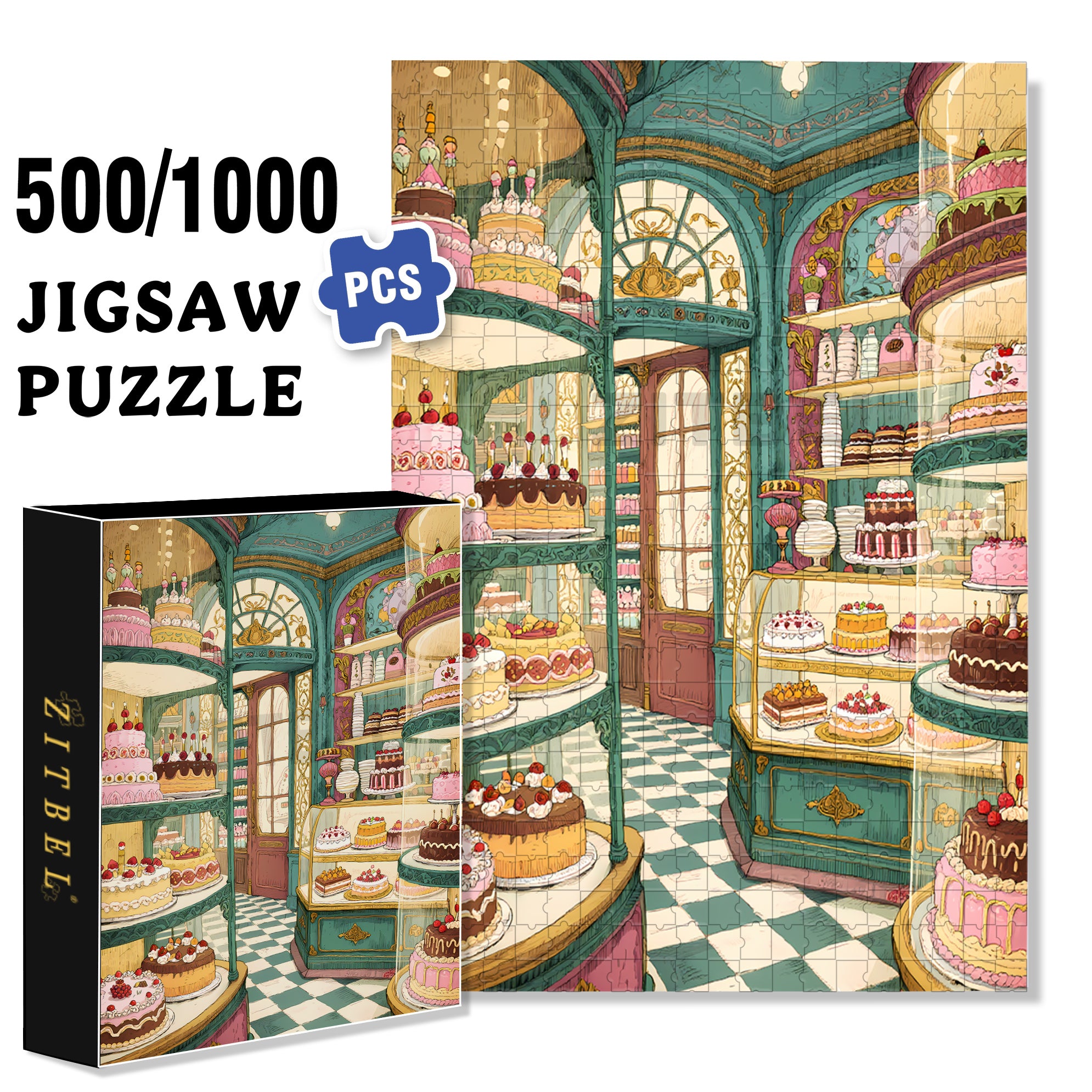 Cake Shop 500pcs/1000pcs Jigsaw Puzzle, Scratch-Resistant, Interactive Family Game & Brain-Boosting DIY Decor, Perfect for Halloween, Christmas & New Year Gifts, Family Puzzle Game