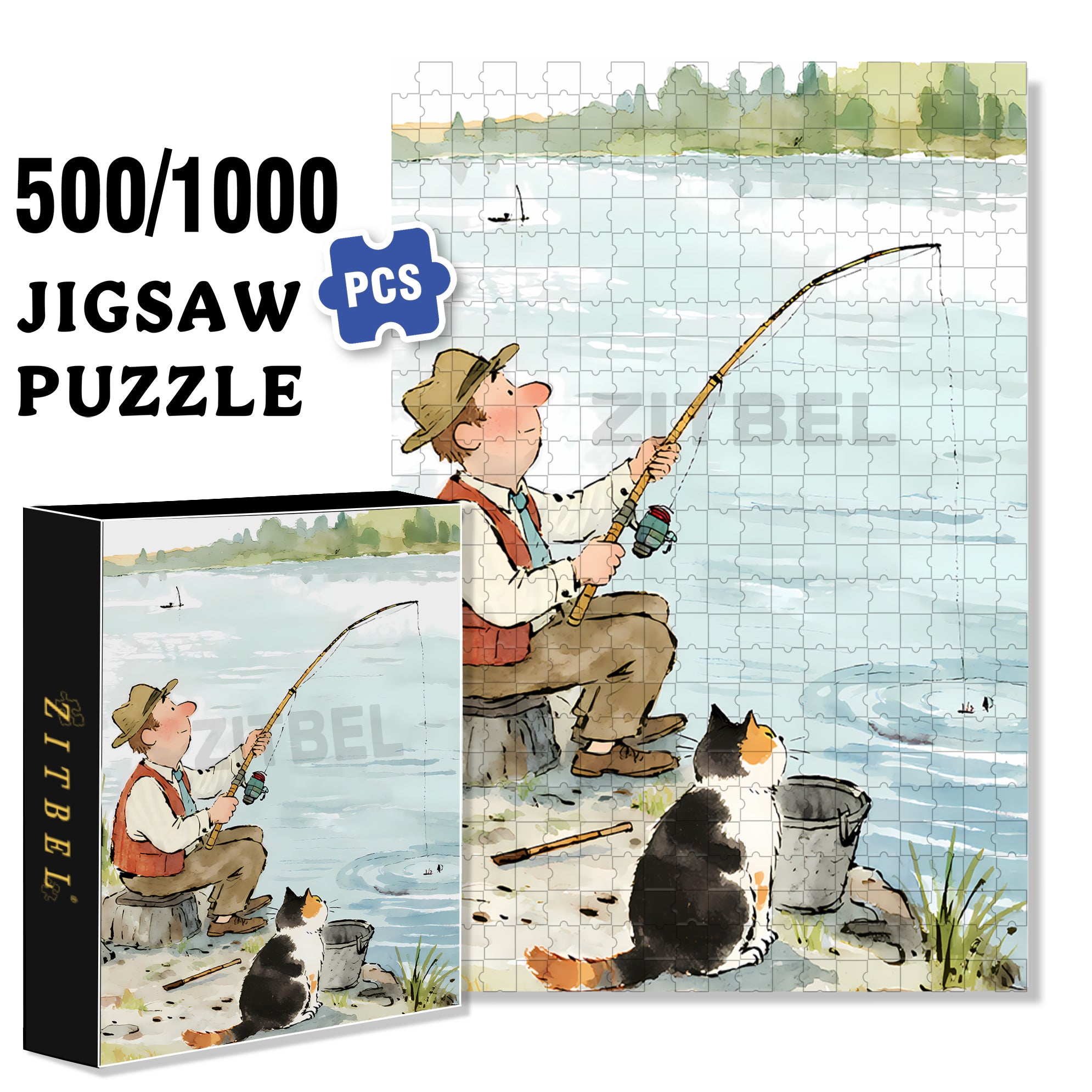 Fishing With My Cat 500pcs/1000pcs Jigsaw Puzzle, Scratch-Resistant, Interactive Family Game & Brain-Boosting DIY Decor, Perfect for Halloween, Christmas & New Year Gifts, Family Puzzle Game