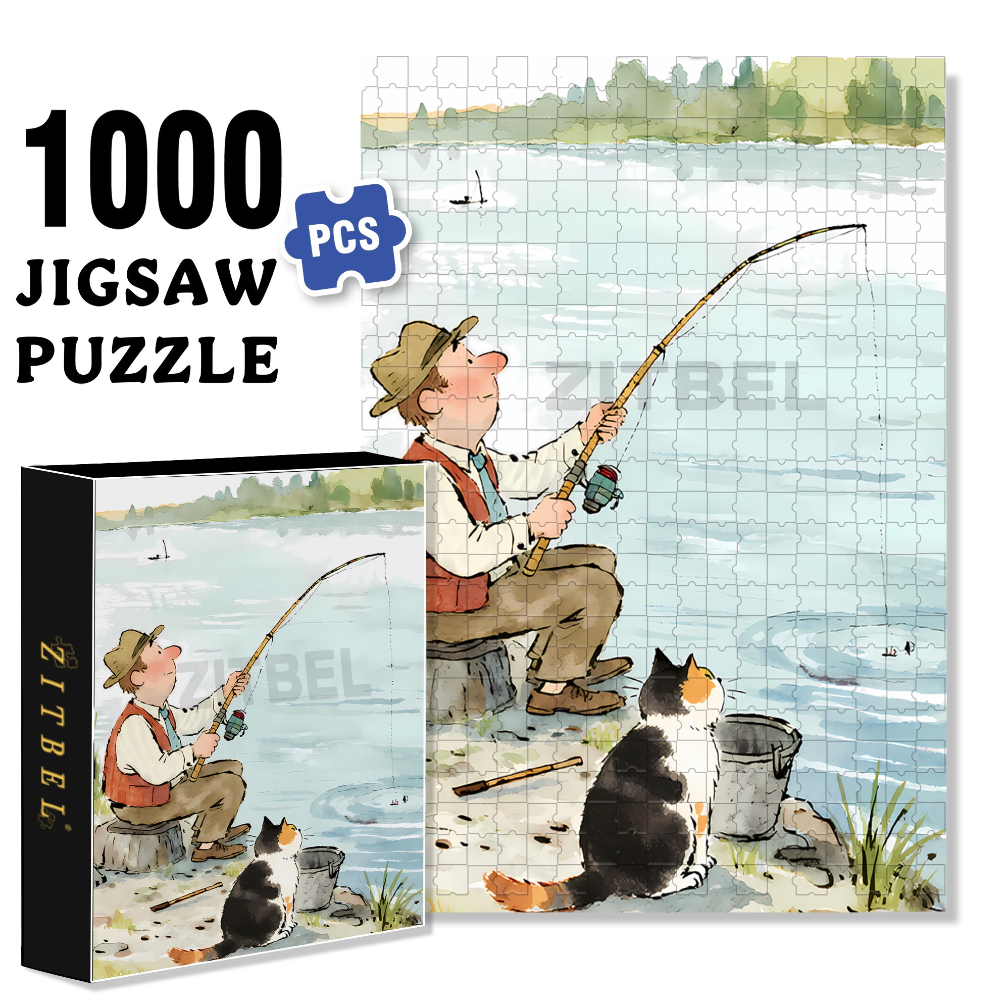 Fishing With My Cat 500pcs/1000pcs Jigsaw Puzzle, Scratch-Resistant, Interactive Family Game & Brain-Boosting DIY Decor, Perfect for Halloween, Christmas & New Year Gifts, Family Puzzle Game
