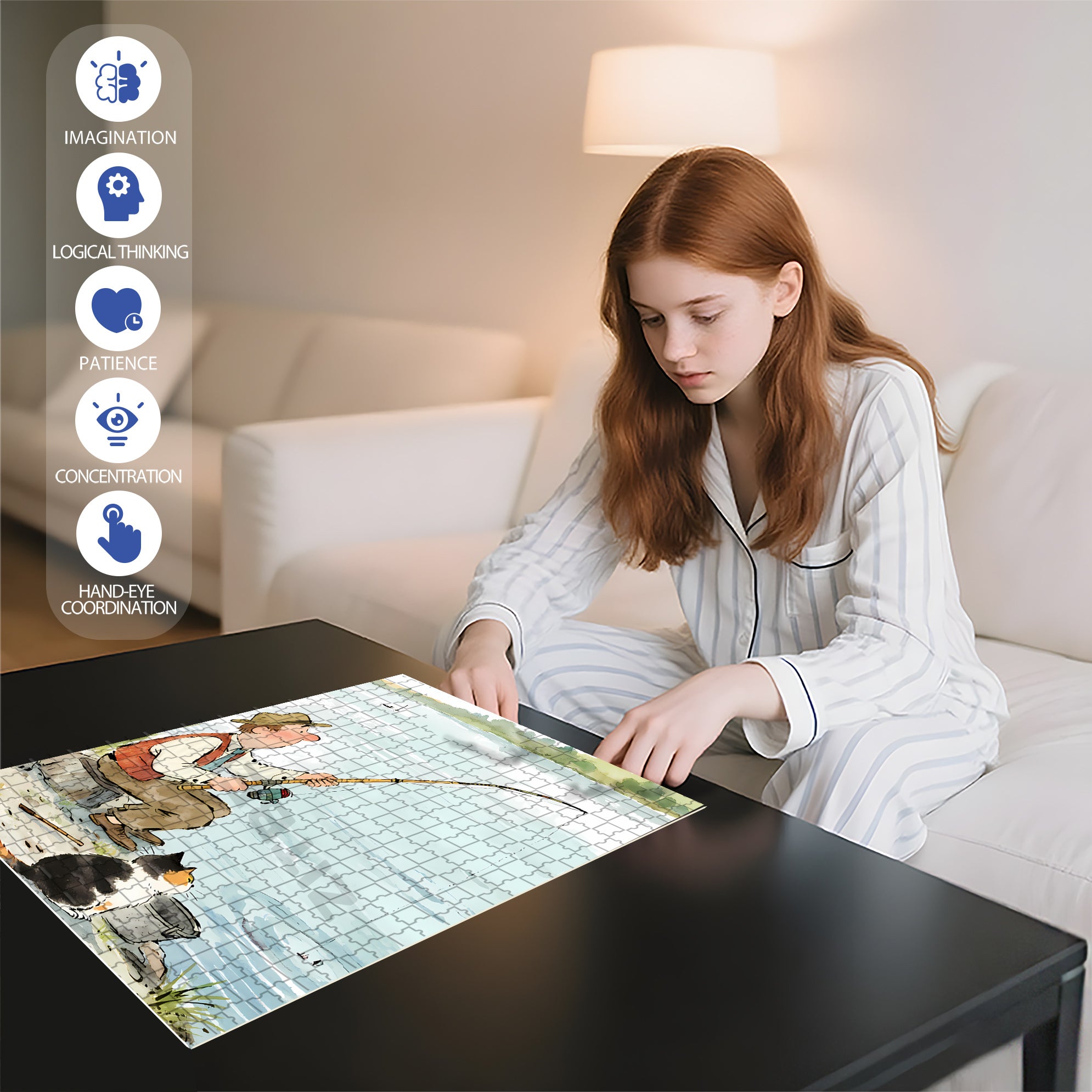 Fishing With My Cat 500pcs/1000pcs Jigsaw Puzzle, Scratch-Resistant, Interactive Family Game & Brain-Boosting DIY Decor, Perfect for Halloween, Christmas & New Year Gifts, Family Puzzle Game
