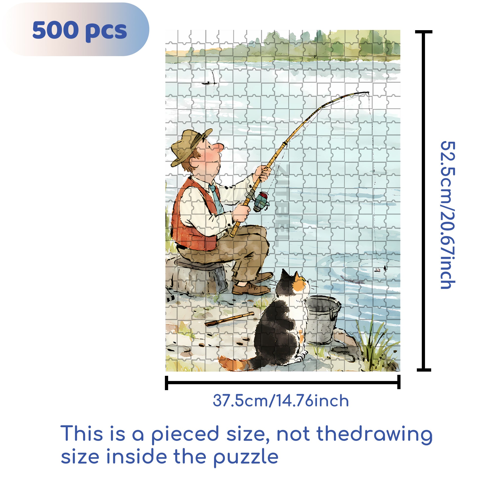 Fishing With My Cat 500pcs/1000pcs Jigsaw Puzzle, Scratch-Resistant, Interactive Family Game & Brain-Boosting DIY Decor, Perfect for Halloween, Christmas & New Year Gifts, Family Puzzle Game