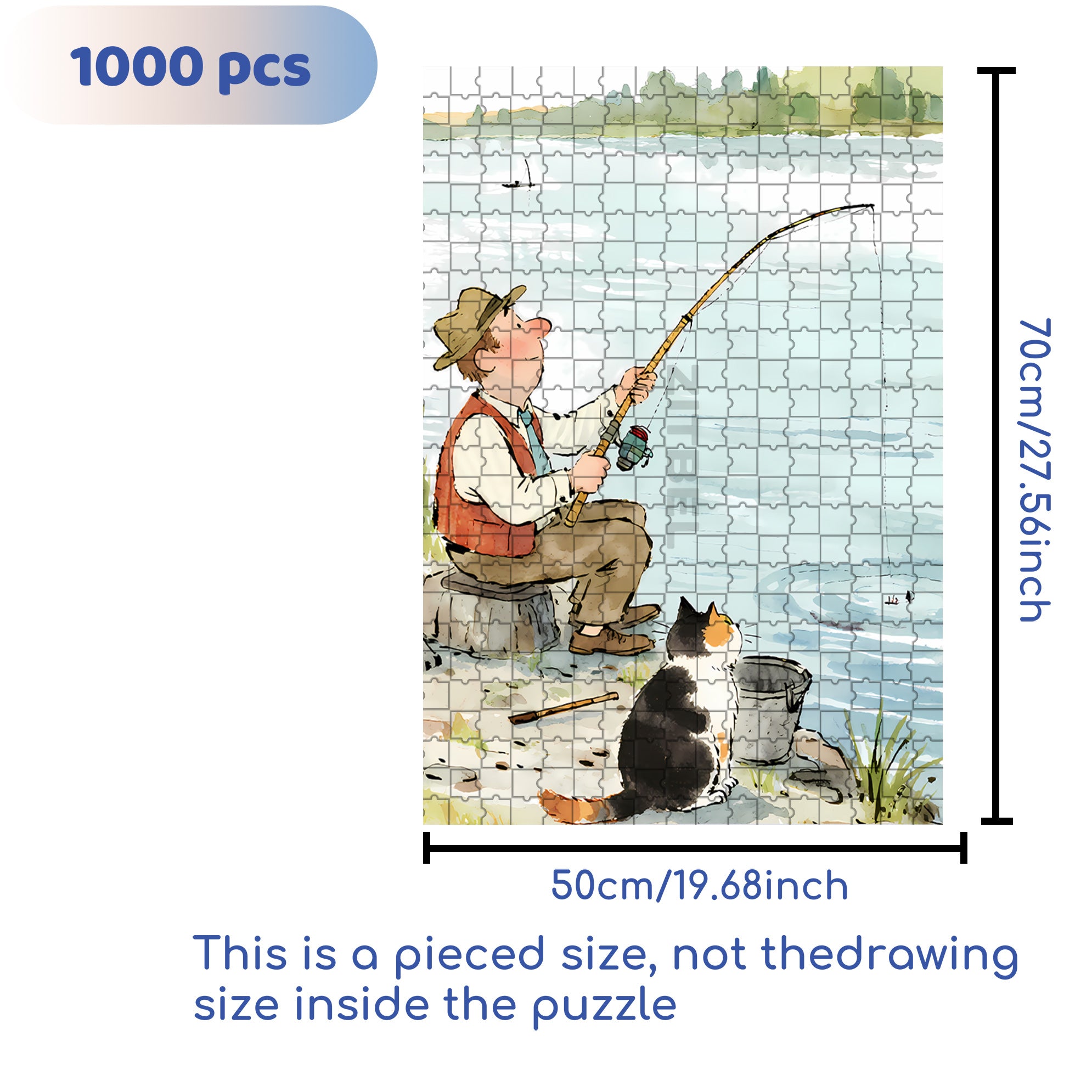 Fishing With My Cat 500pcs/1000pcs Jigsaw Puzzle, Scratch-Resistant, Interactive Family Game & Brain-Boosting DIY Decor, Perfect for Halloween, Christmas & New Year Gifts, Family Puzzle Game