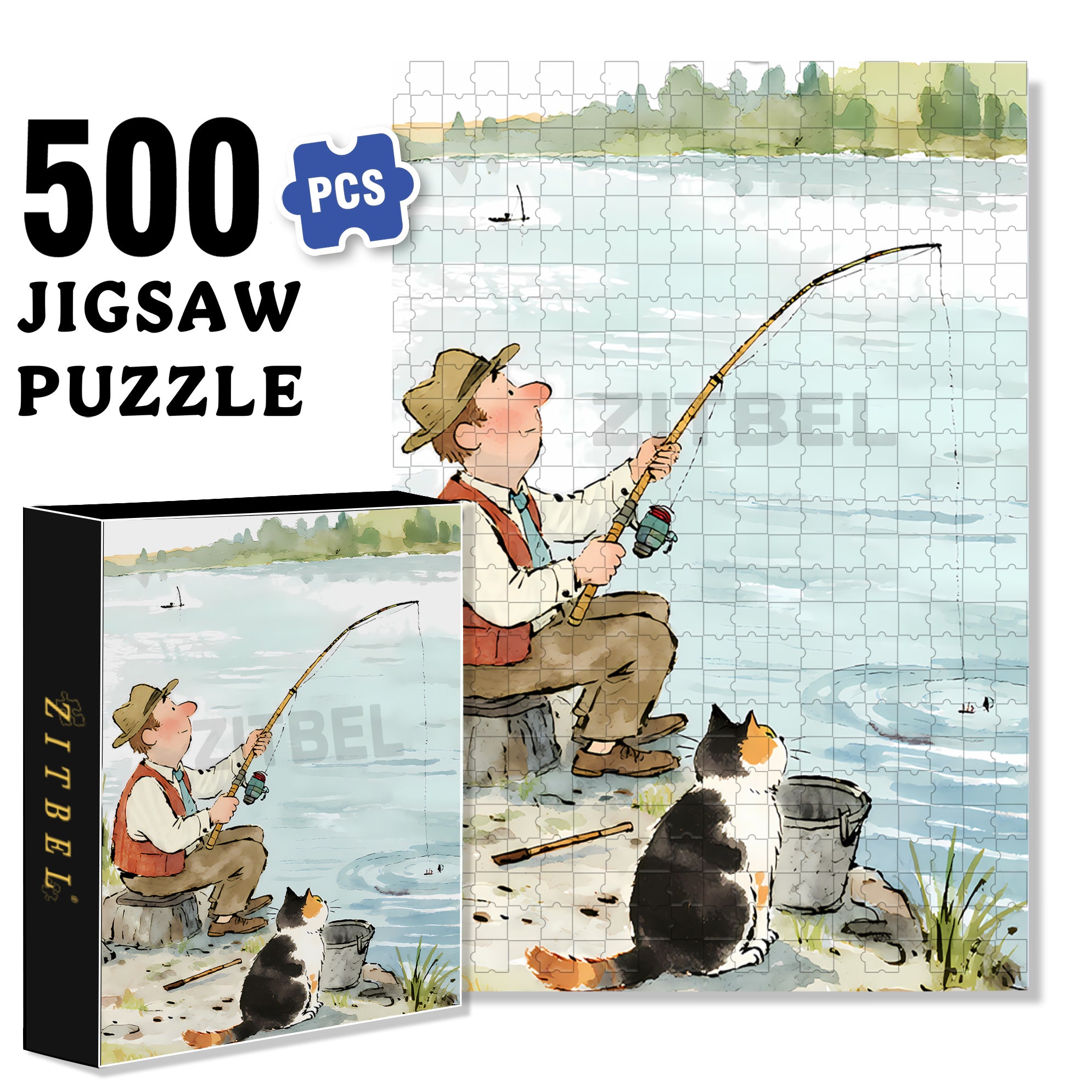 Fishing With My Cat 500pcs/1000pcs Jigsaw Puzzle, Scratch-Resistant, Interactive Family Game & Brain-Boosting DIY Decor, Perfect for Halloween, Christmas & New Year Gifts, Family Puzzle Game