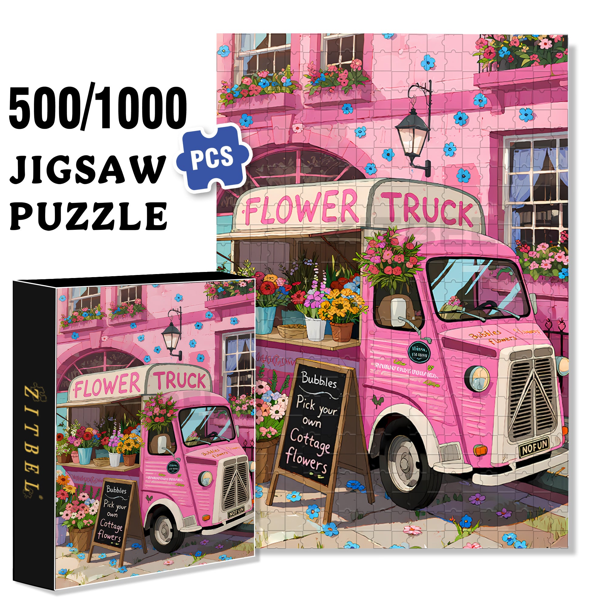Flower Truck 500pcs/1000pcs Jigsaw Puzzle, Scratch-Resistant, Interactive Family Game & Brain-Boosting DIY Decor, Perfect for Halloween, Christmas & New Year Gifts, Family Puzzle Game