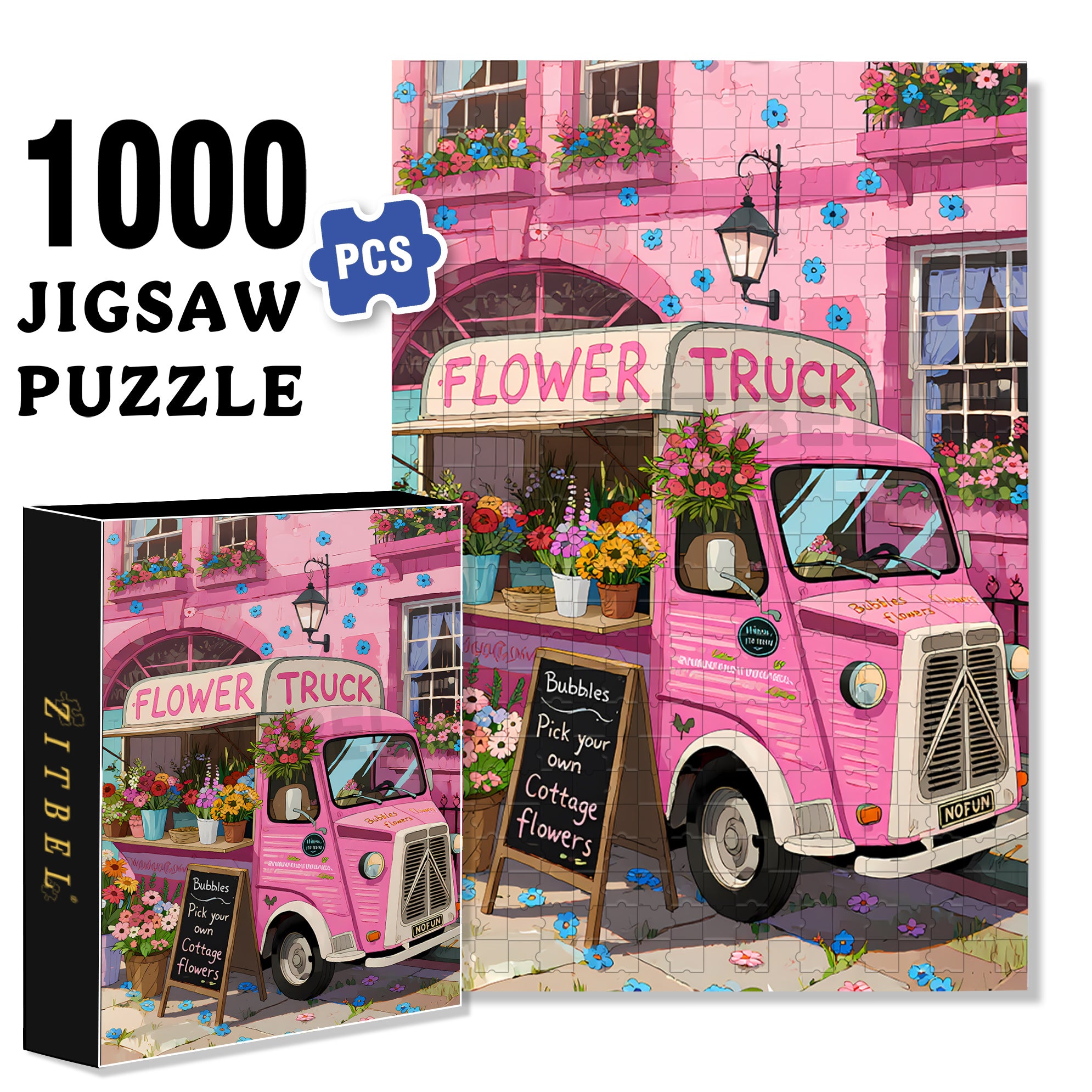 Flower Truck 500pcs/1000pcs Jigsaw Puzzle, Scratch-Resistant, Interactive Family Game & Brain-Boosting DIY Decor, Perfect for Halloween, Christmas & New Year Gifts, Family Puzzle Game