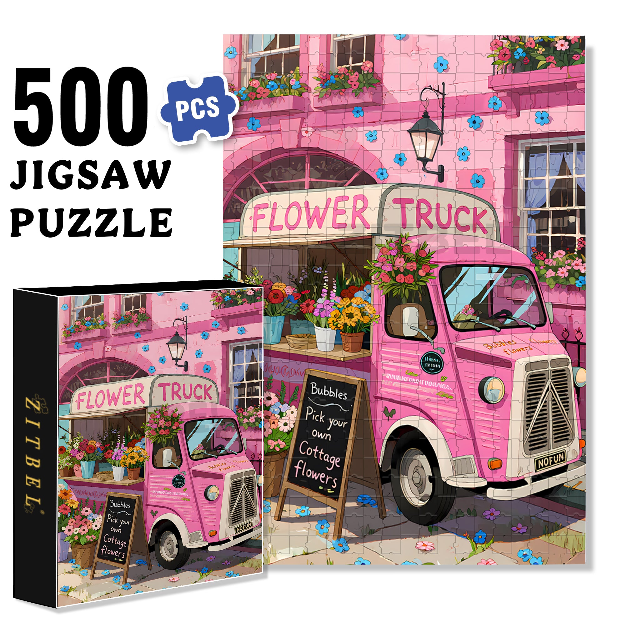 Flower Truck 500pcs/1000pcs Jigsaw Puzzle, Scratch-Resistant, Interactive Family Game & Brain-Boosting DIY Decor, Perfect for Halloween, Christmas & New Year Gifts, Family Puzzle Game