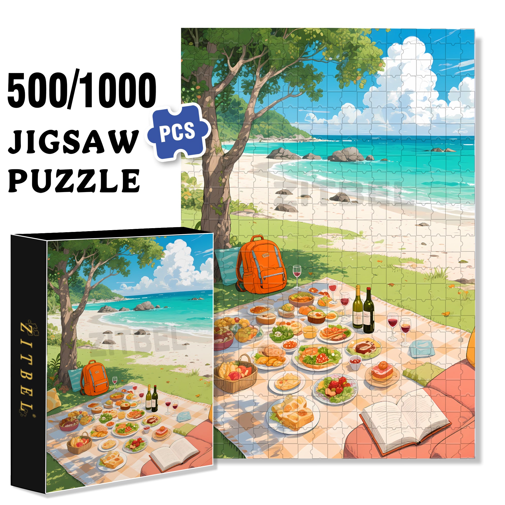 Picnic At The Beach 500pcs/1000pcs Jigsaw Puzzle, Scratch-Resistant, Interactive Family Game & Brain-Boosting DIY Decor, Perfect for Halloween, Christmas & New Year Gifts, Family Puzzle Game