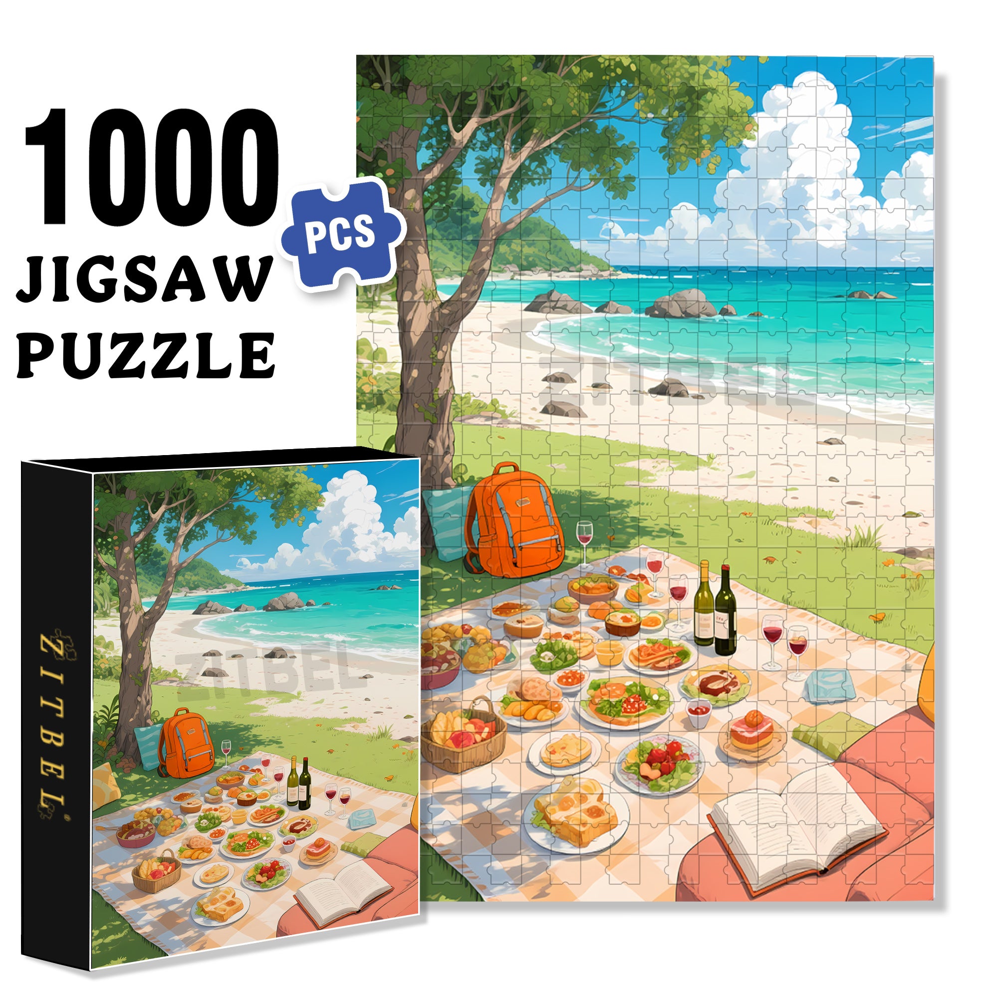 Picnic At The Beach 500pcs/1000pcs Jigsaw Puzzle, Scratch-Resistant, Interactive Family Game & Brain-Boosting DIY Decor, Perfect for Halloween, Christmas & New Year Gifts, Family Puzzle Game