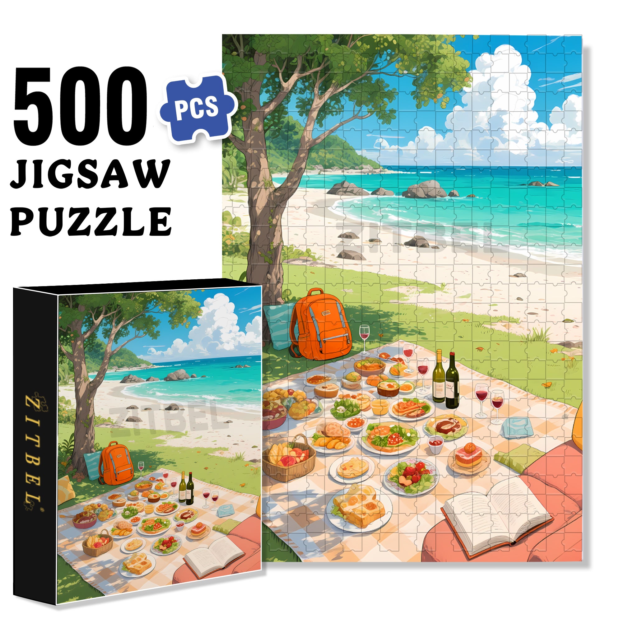 Picnic At The Beach 500pcs/1000pcs Jigsaw Puzzle, Scratch-Resistant, Interactive Family Game & Brain-Boosting DIY Decor, Perfect for Halloween, Christmas & New Year Gifts, Family Puzzle Game