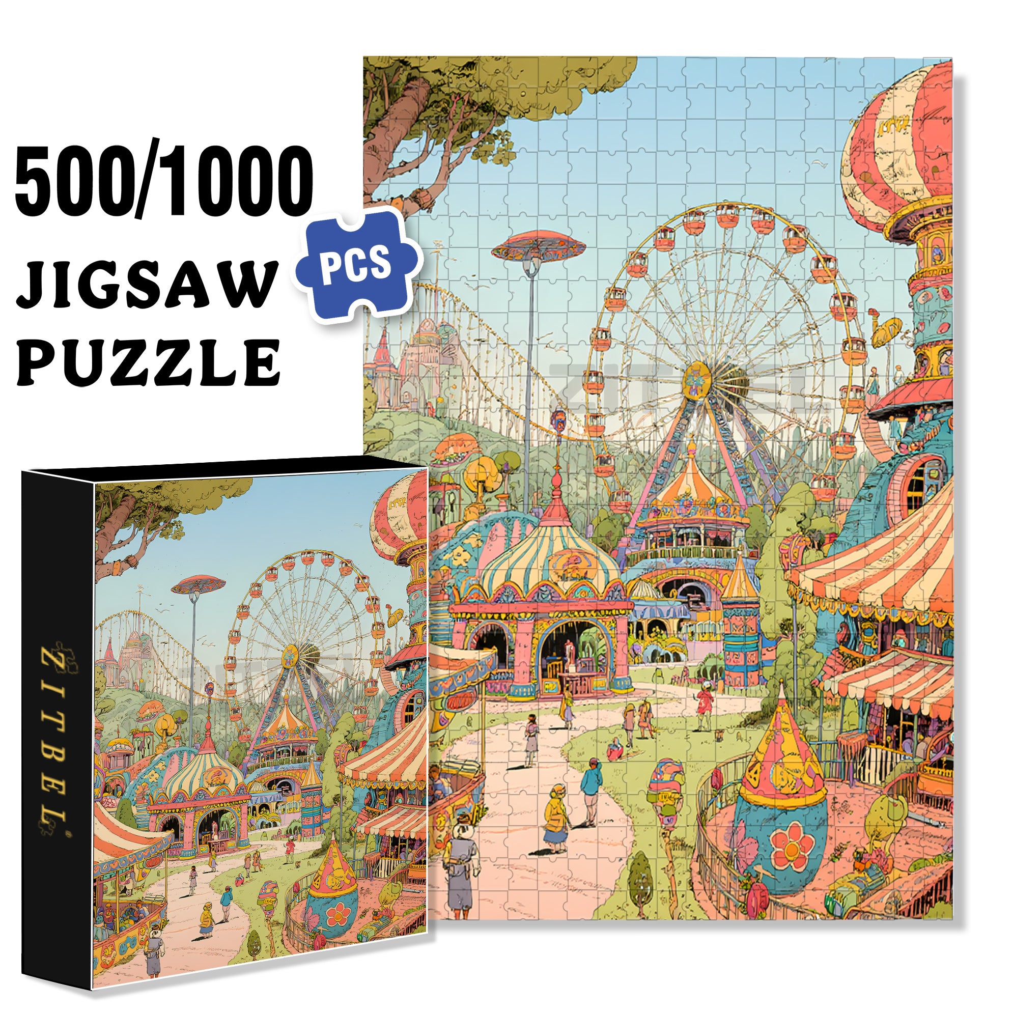 Retro Amusement Park 500pcs/1000pcs Jigsaw Puzzle, Scratch-Resistant, Interactive Family Game & Brain-Boosting DIY Decor, Perfect for Halloween, Christmas & New Year Gifts, Family Puzzle Game