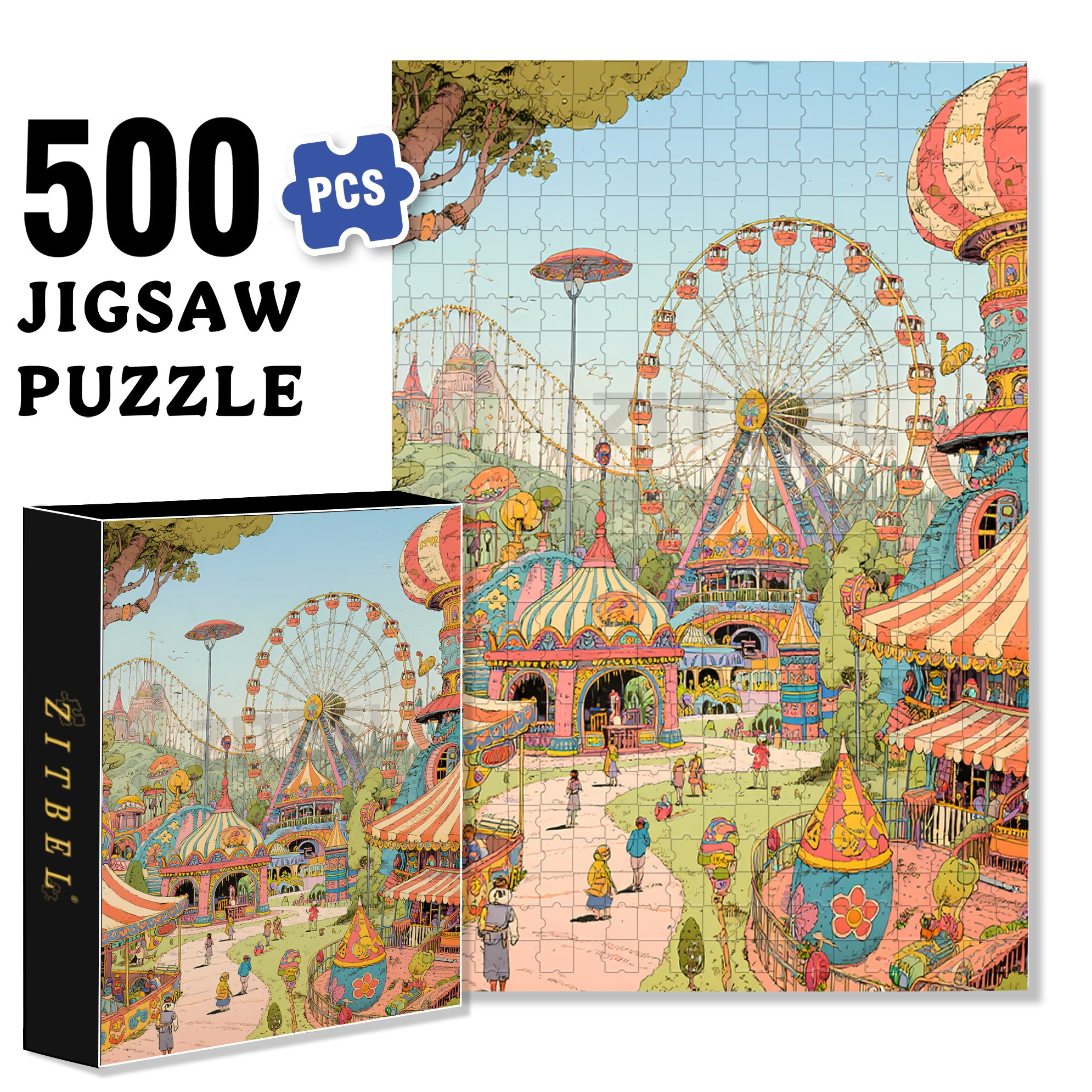 Retro Amusement Park 500pcs/1000pcs Jigsaw Puzzle, Scratch-Resistant, Interactive Family Game & Brain-Boosting DIY Decor, Perfect for Halloween, Christmas & New Year Gifts, Family Puzzle Game