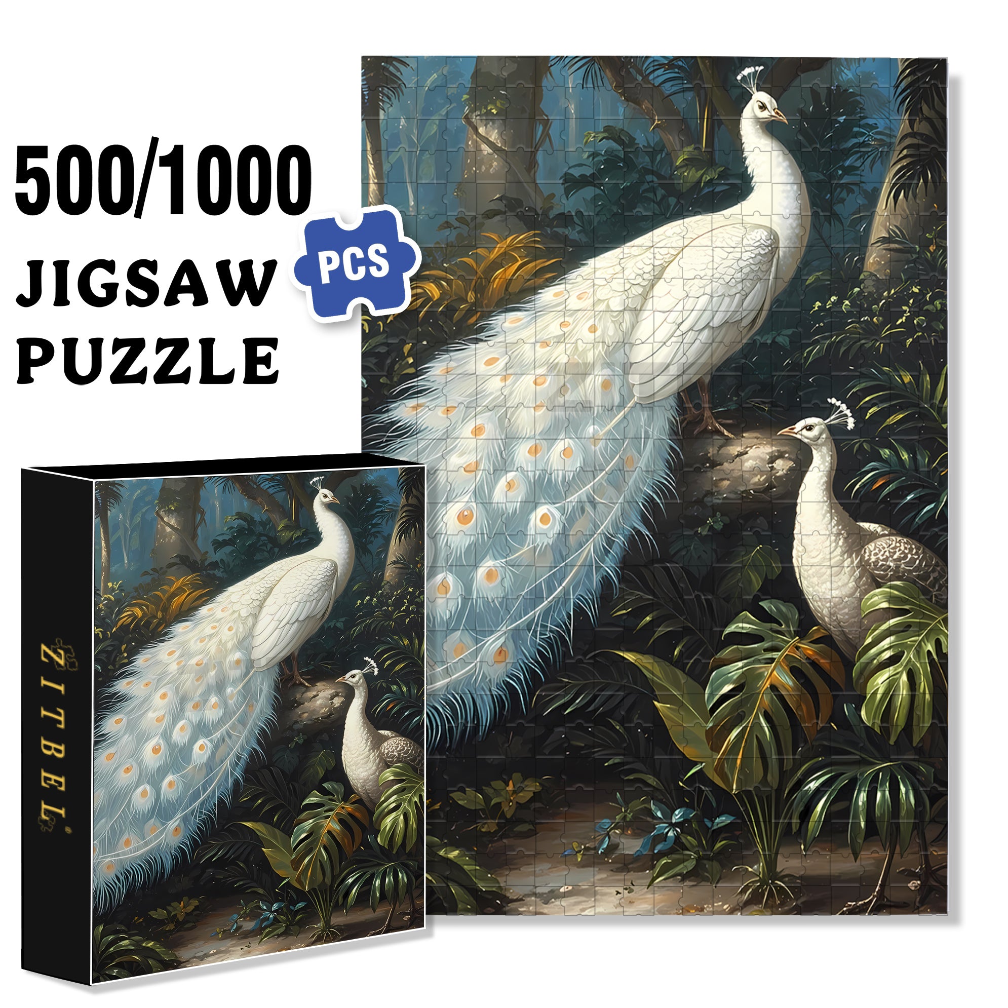 White Peacock 500pcs/1000pcs Jigsaw Puzzle, Scratch-Resistant, Interactive Family Game & Brain-Boosting DIY Decor, Perfect for Halloween, Christmas & New Year Gifts, Family Puzzle Game