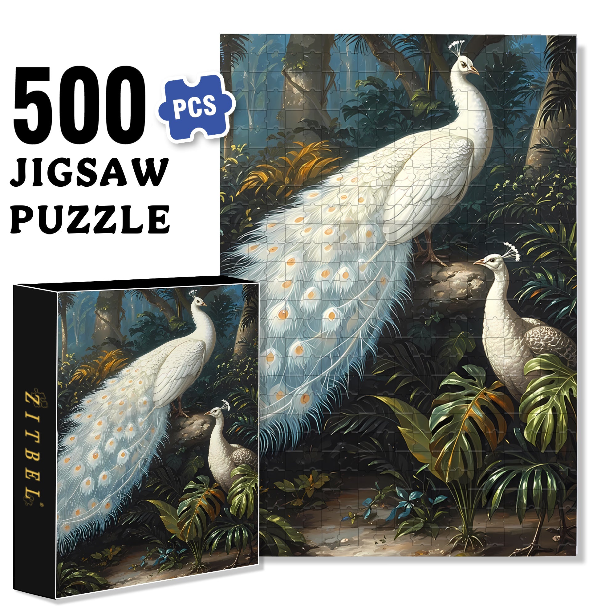 White Peacock 500pcs/1000pcs Jigsaw Puzzle, Scratch-Resistant, Interactive Family Game & Brain-Boosting DIY Decor, Perfect for Halloween, Christmas & New Year Gifts, Family Puzzle Game