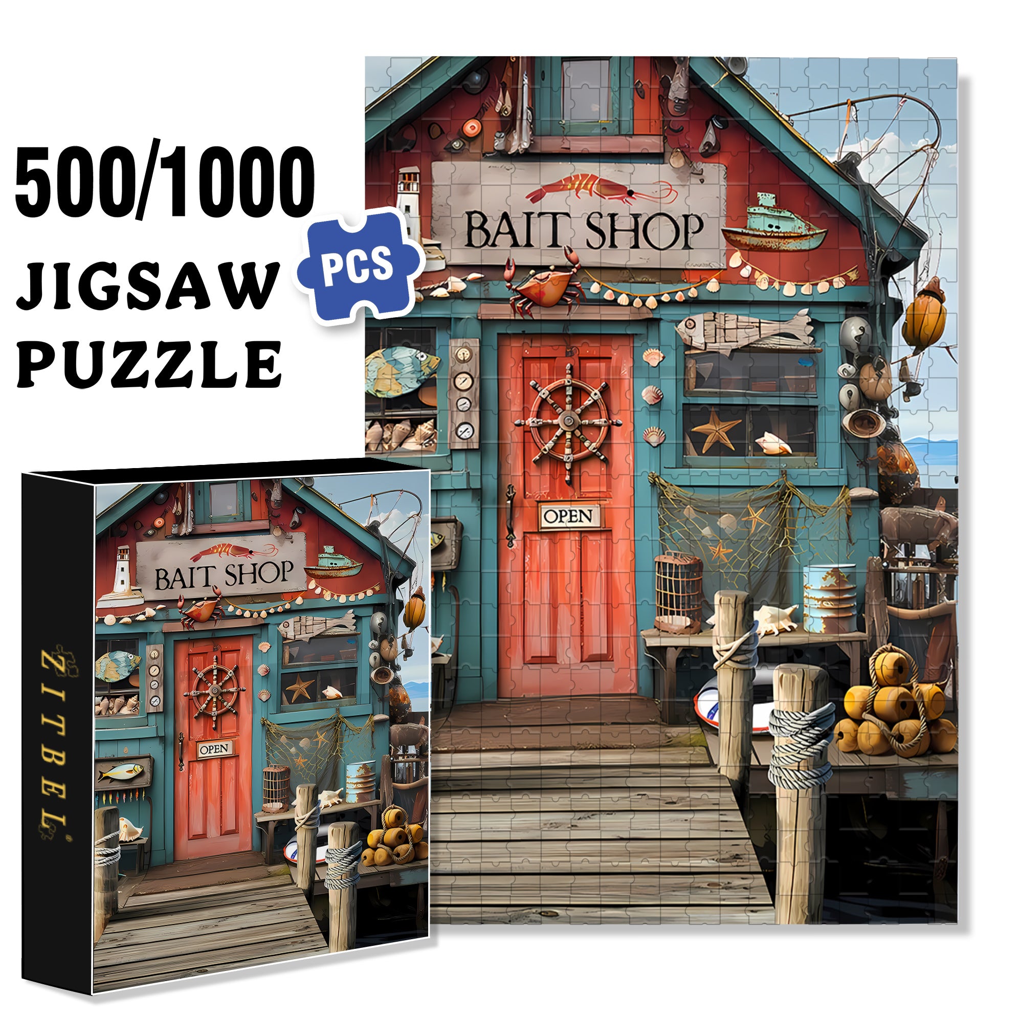 Coastal Bait Shop 500pcs/1000pcs Jigsaw Puzzle, Scratch-Resistant, Interactive Family Game & Brain-Boosting DIY Decor, Perfect for Halloween, Christmas & New Year Gifts, Family Puzzle Game
