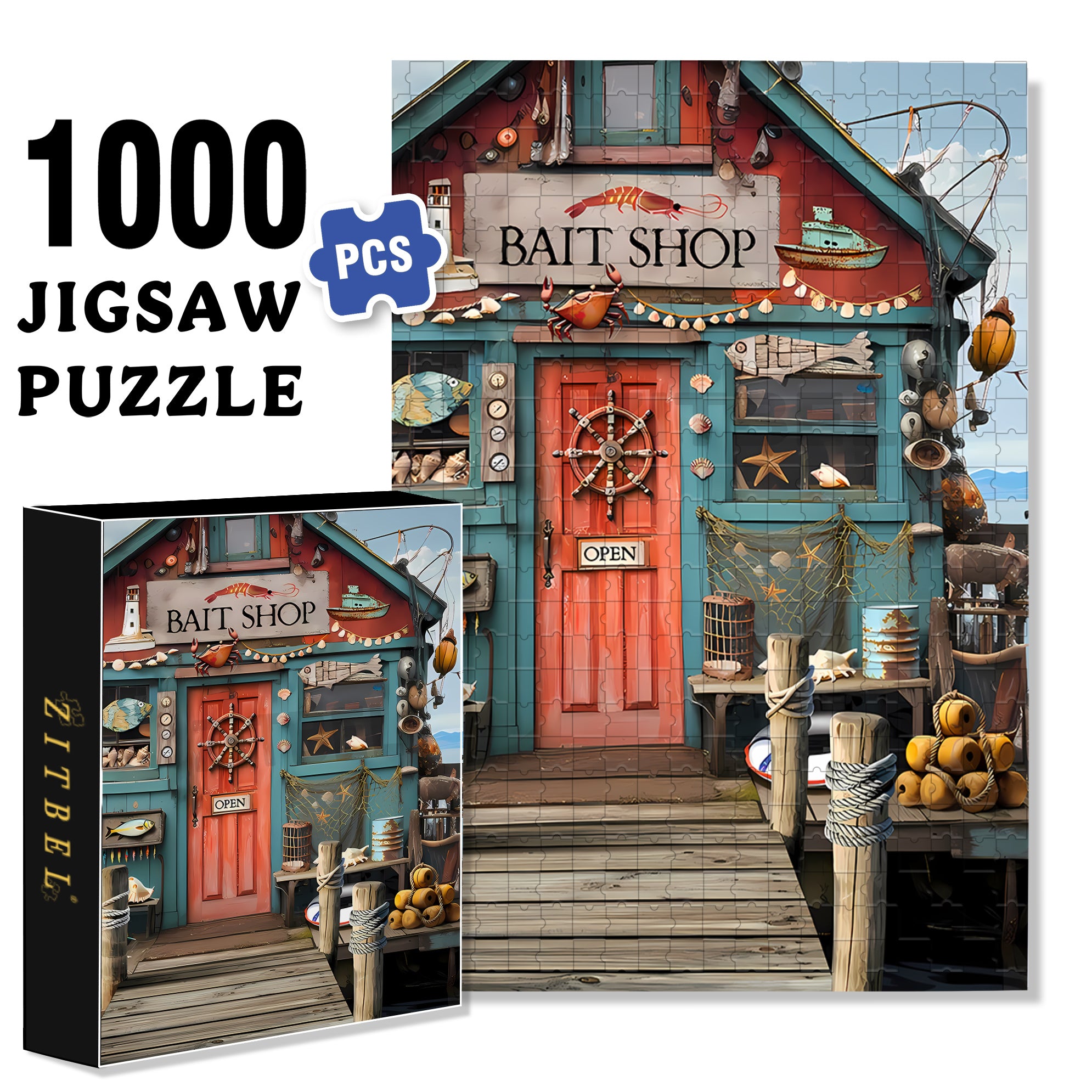 Coastal Bait Shop 500pcs/1000pcs Jigsaw Puzzle, Scratch-Resistant, Interactive Family Game & Brain-Boosting DIY Decor, Perfect for Halloween, Christmas & New Year Gifts, Family Puzzle Game