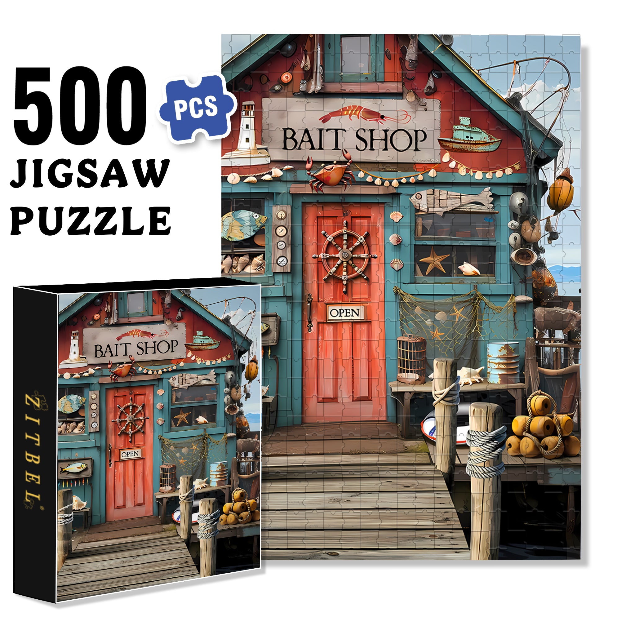 Coastal Bait Shop 500pcs/1000pcs Jigsaw Puzzle, Scratch-Resistant, Interactive Family Game & Brain-Boosting DIY Decor, Perfect for Halloween, Christmas & New Year Gifts, Family Puzzle Game