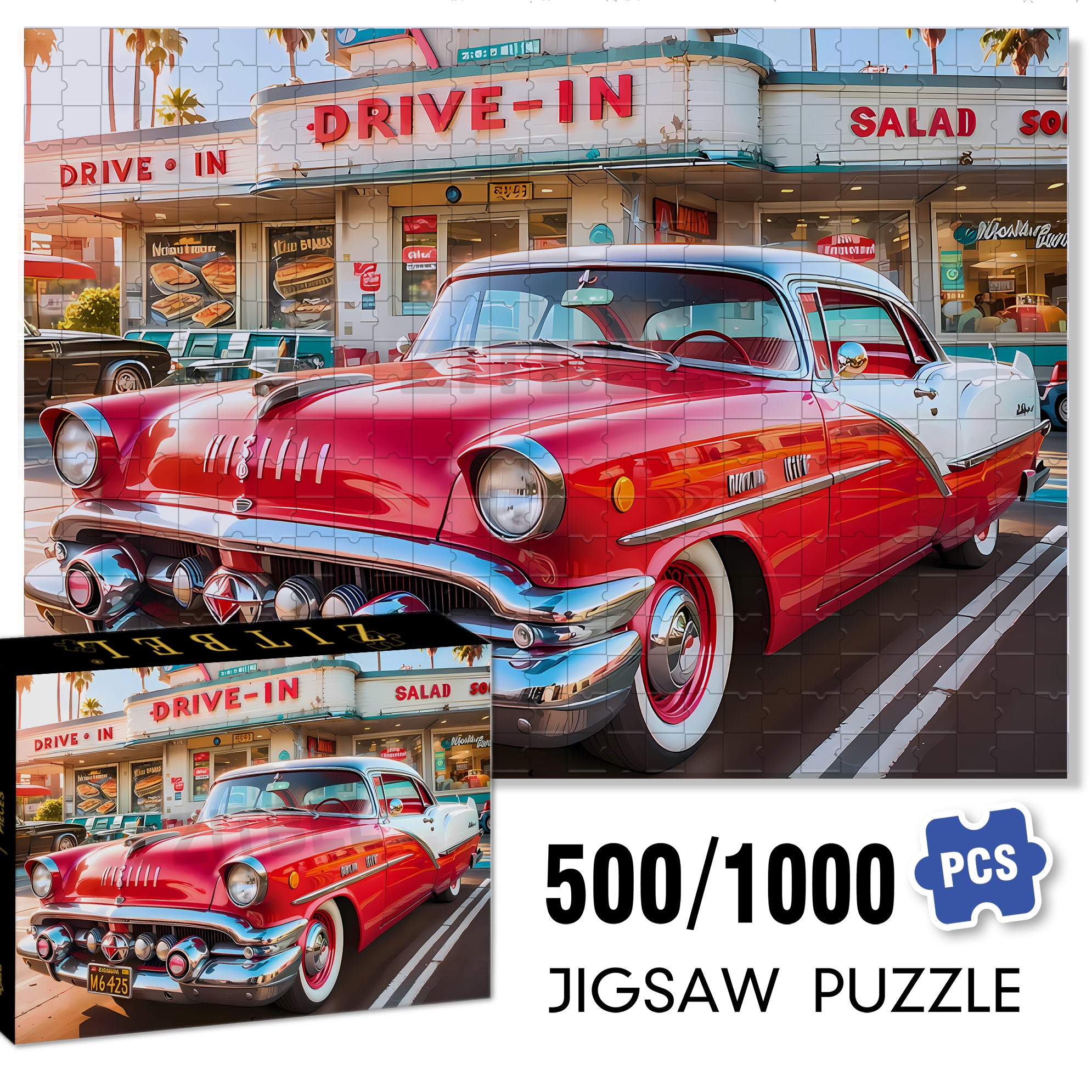 Drive In 500pcs/1000pcs Jigsaw Puzzle, Scratch-Resistant, Interactive Family Game & Brain-Boosting DIY Decor, Perfect for Halloween, Christmas & New Year Gifts, Family Puzzle Game