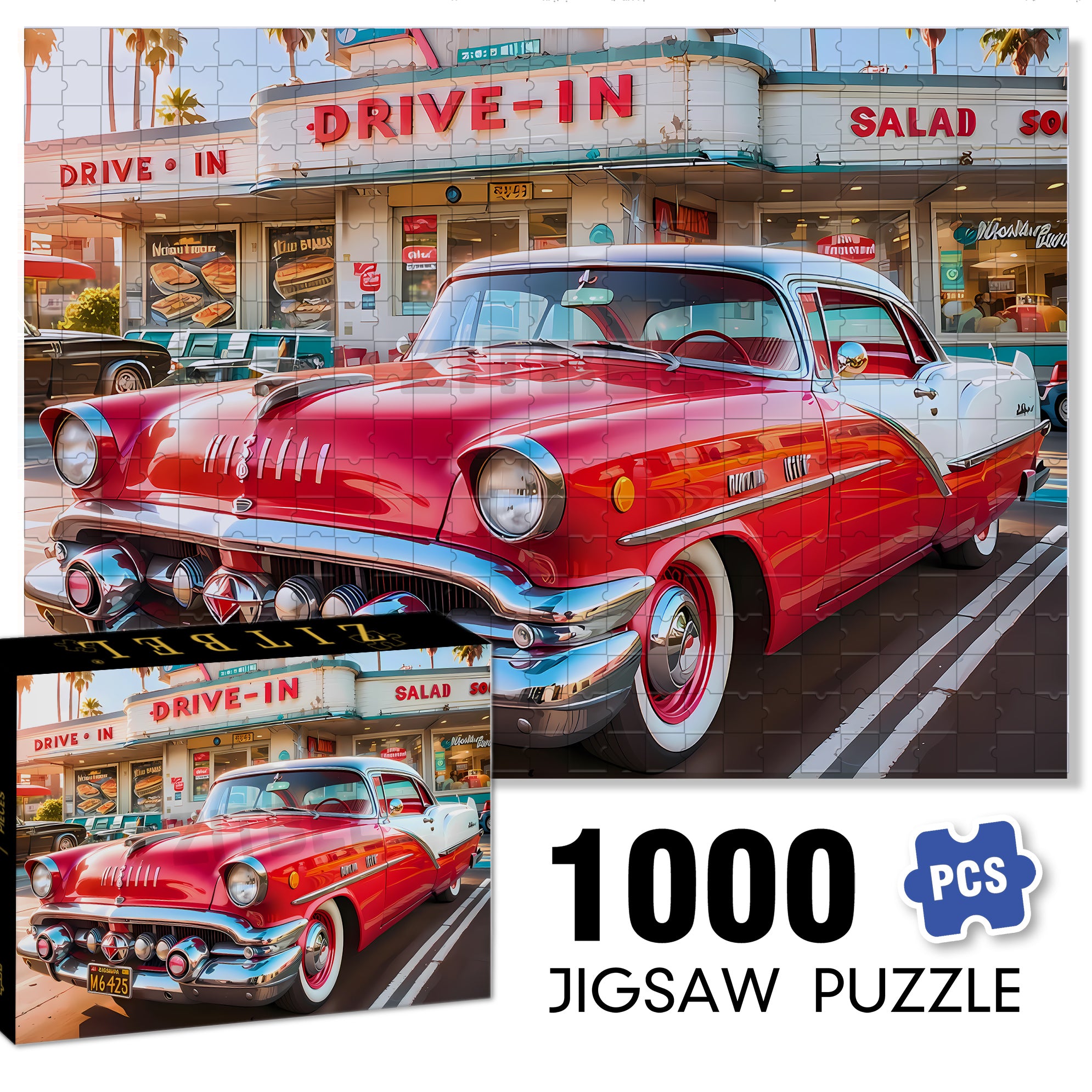 Drive In 500pcs/1000pcs Jigsaw Puzzle, Scratch-Resistant, Interactive Family Game & Brain-Boosting DIY Decor, Perfect for Halloween, Christmas & New Year Gifts, Family Puzzle Game