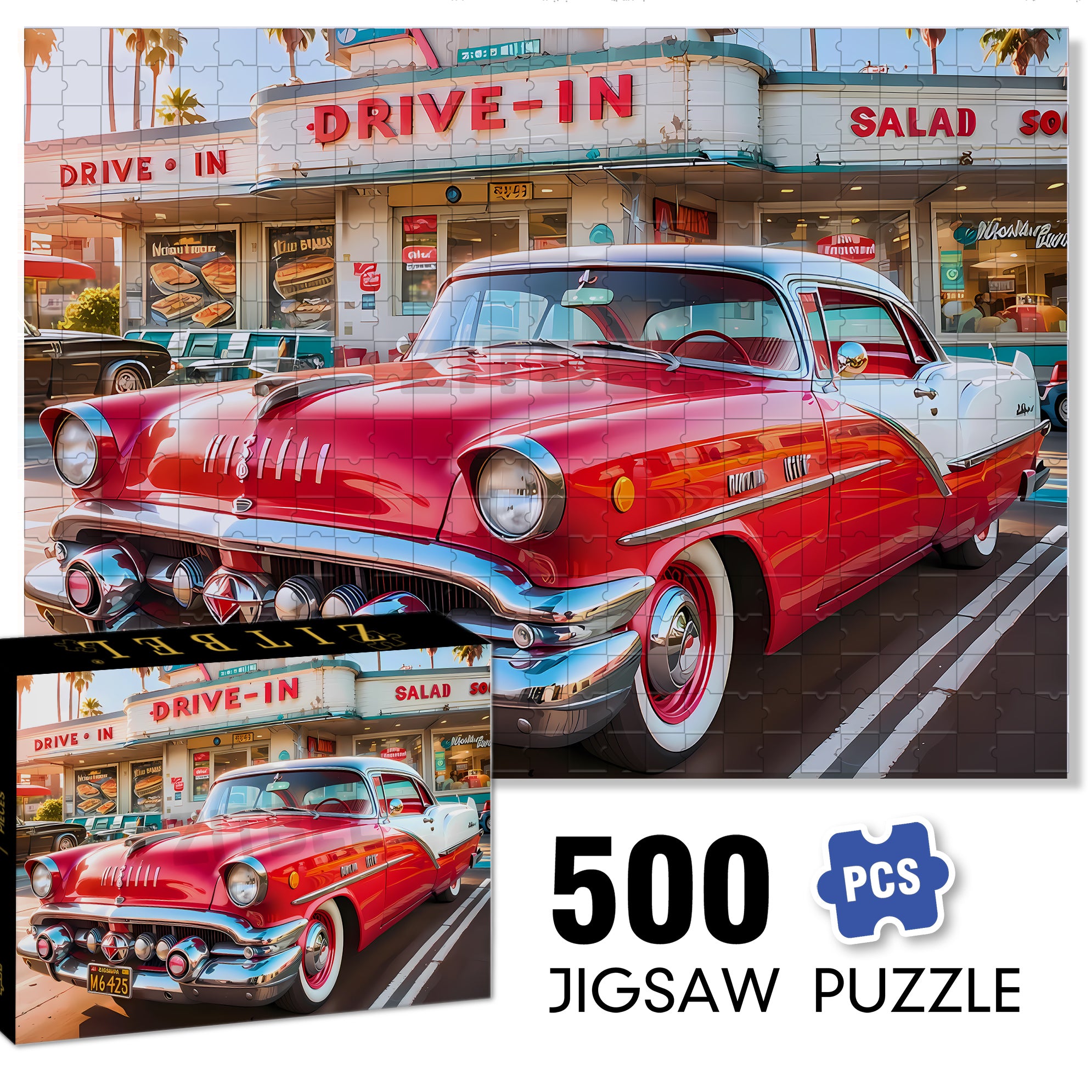 Drive In 500pcs/1000pcs Jigsaw Puzzle, Scratch-Resistant, Interactive Family Game & Brain-Boosting DIY Decor, Perfect for Halloween, Christmas & New Year Gifts, Family Puzzle Game