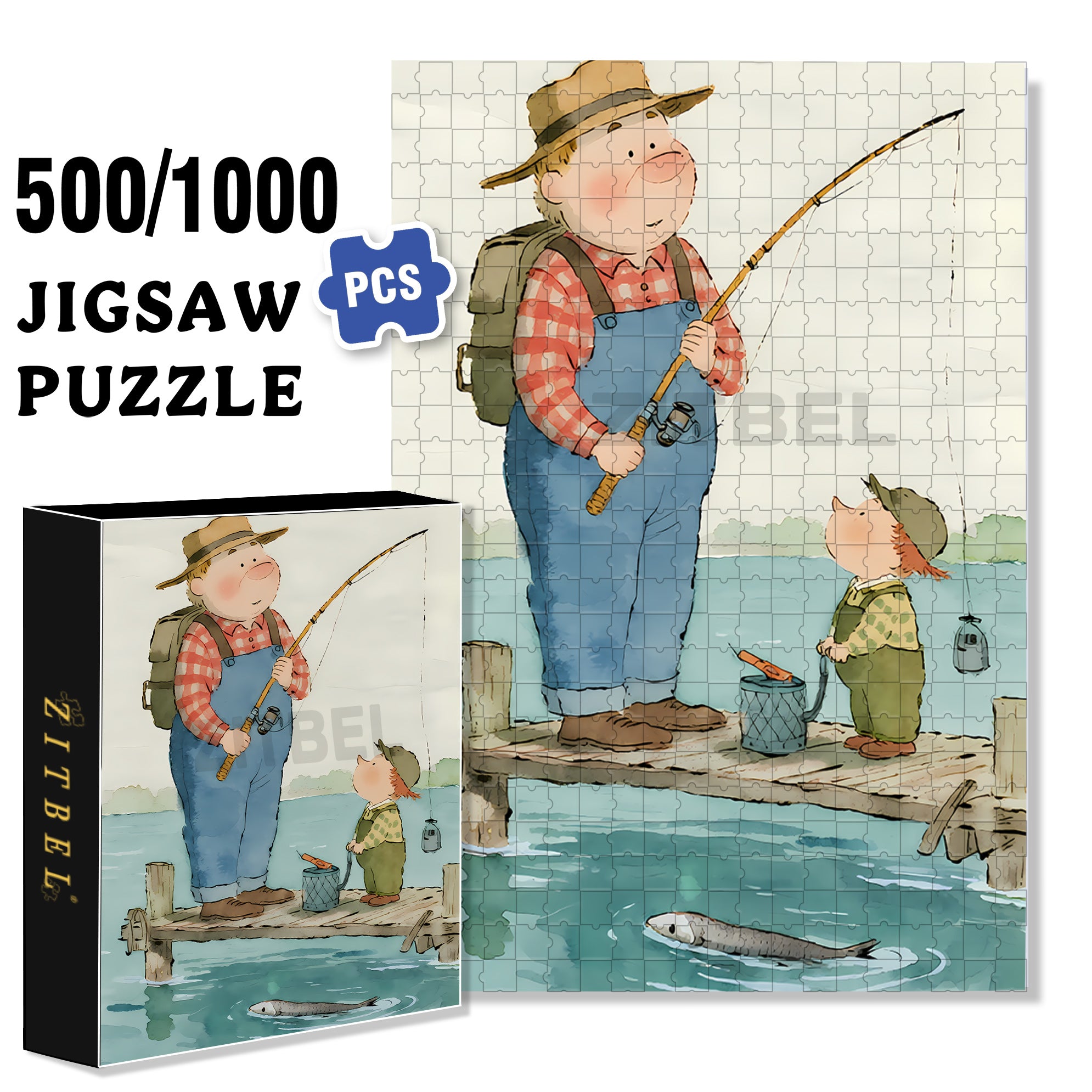 Fishing with Dad 500pcs/1000pcs Jigsaw Puzzle, Scratch-Resistant, Interactive Family Game & Brain-Boosting DIY Decor, Perfect for Halloween, Christmas & New Year Gifts, Family Puzzle Game