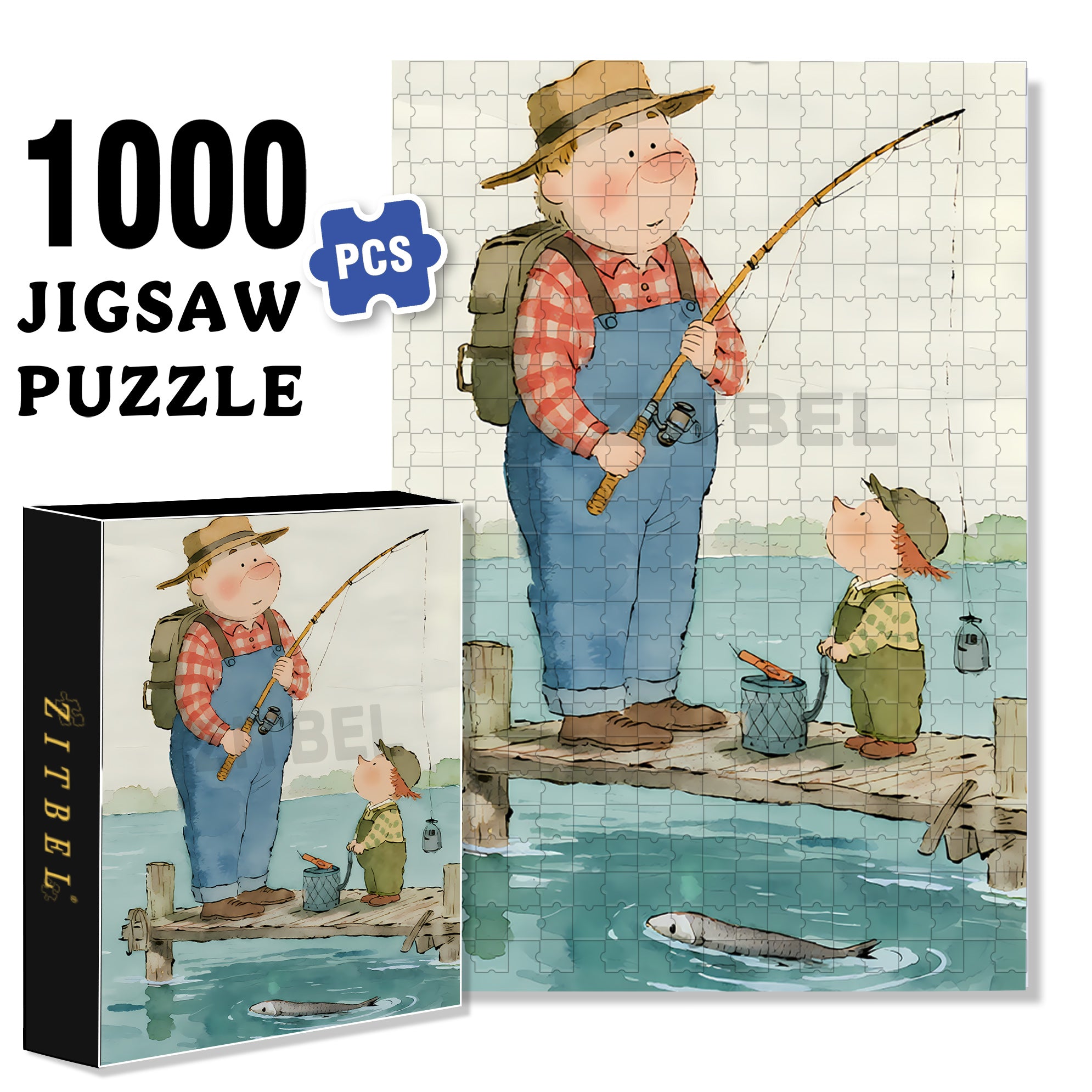 Fishing with Dad 500pcs/1000pcs Jigsaw Puzzle, Scratch-Resistant, Interactive Family Game & Brain-Boosting DIY Decor, Perfect for Halloween, Christmas & New Year Gifts, Family Puzzle Game