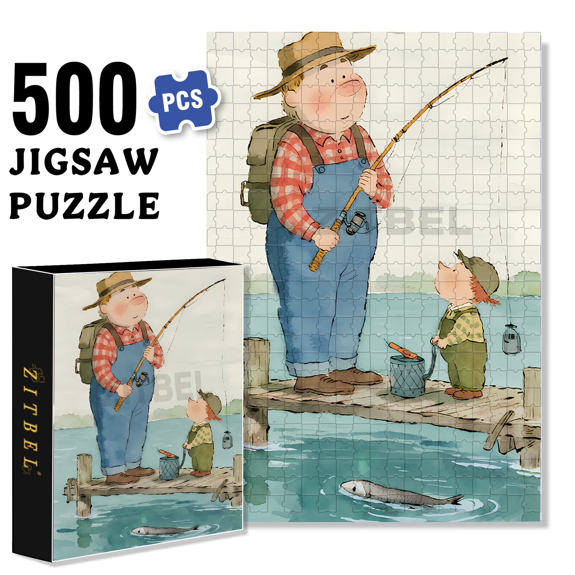 Fishing with Dad 500pcs/1000pcs Jigsaw Puzzle, Scratch-Resistant, Interactive Family Game & Brain-Boosting DIY Decor, Perfect for Halloween, Christmas & New Year Gifts, Family Puzzle Game