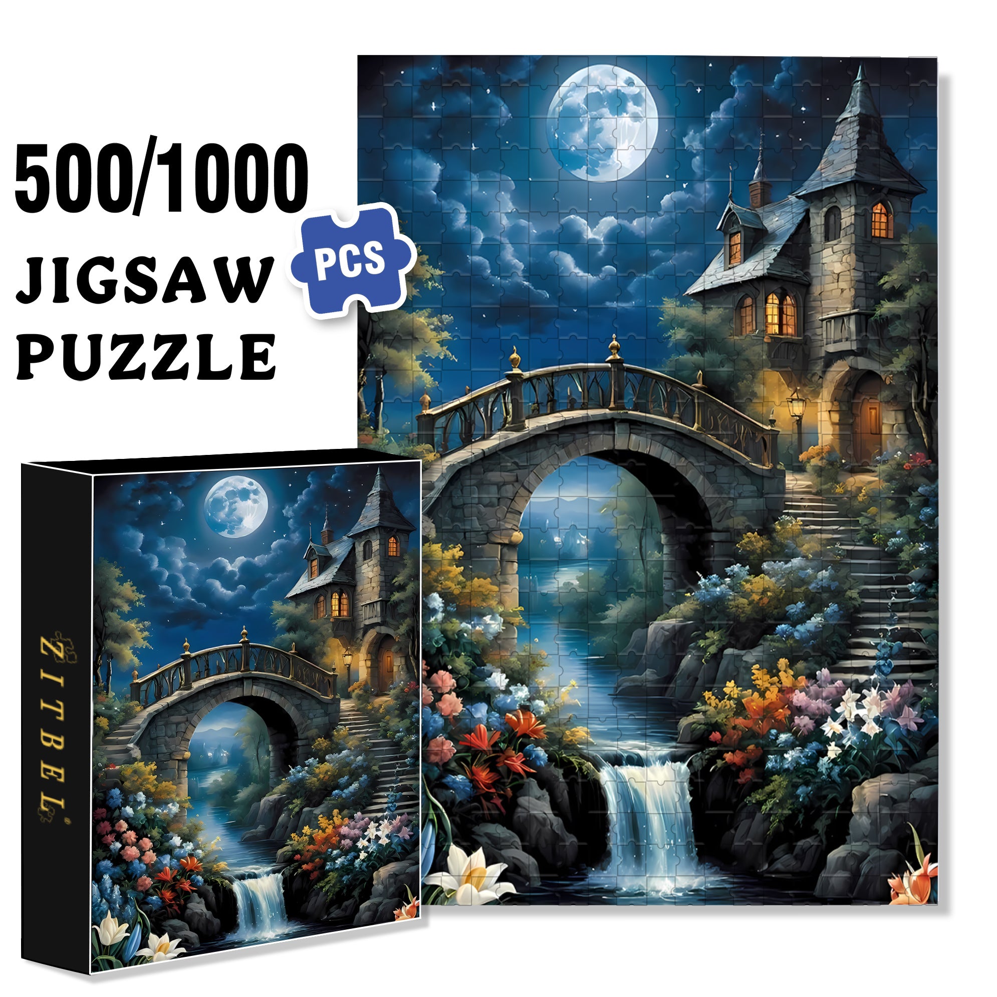 Moonlit Night 500pcs/1000pcs Jigsaw Puzzle, Scratch-Resistant, Interactive Family Game & Brain-Boosting DIY Decor, Perfect for Halloween, Christmas & New Year Gifts, Family Puzzle Game