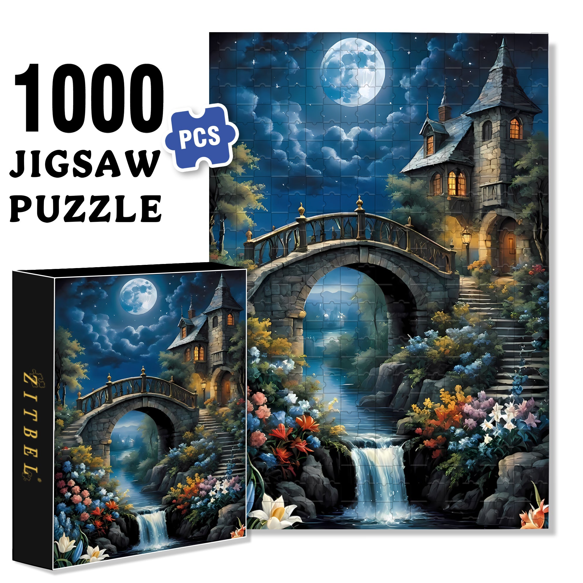 Moonlit Night 500pcs/1000pcs Jigsaw Puzzle, Scratch-Resistant, Interactive Family Game & Brain-Boosting DIY Decor, Perfect for Halloween, Christmas & New Year Gifts, Family Puzzle Game