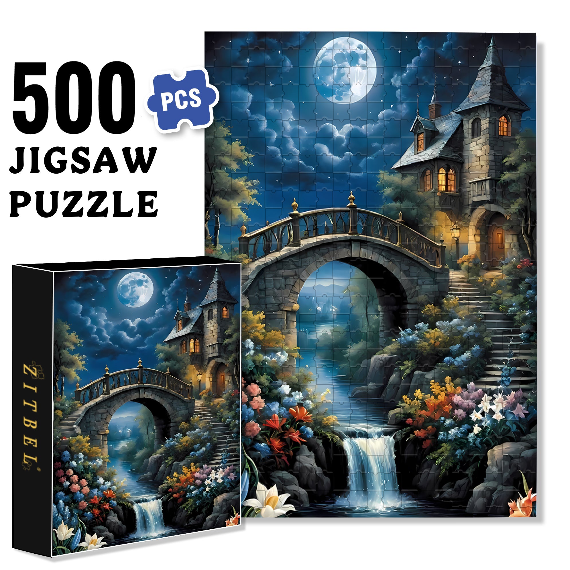 Moonlit Night 500pcs/1000pcs Jigsaw Puzzle, Scratch-Resistant, Interactive Family Game & Brain-Boosting DIY Decor, Perfect for Halloween, Christmas & New Year Gifts, Family Puzzle Game