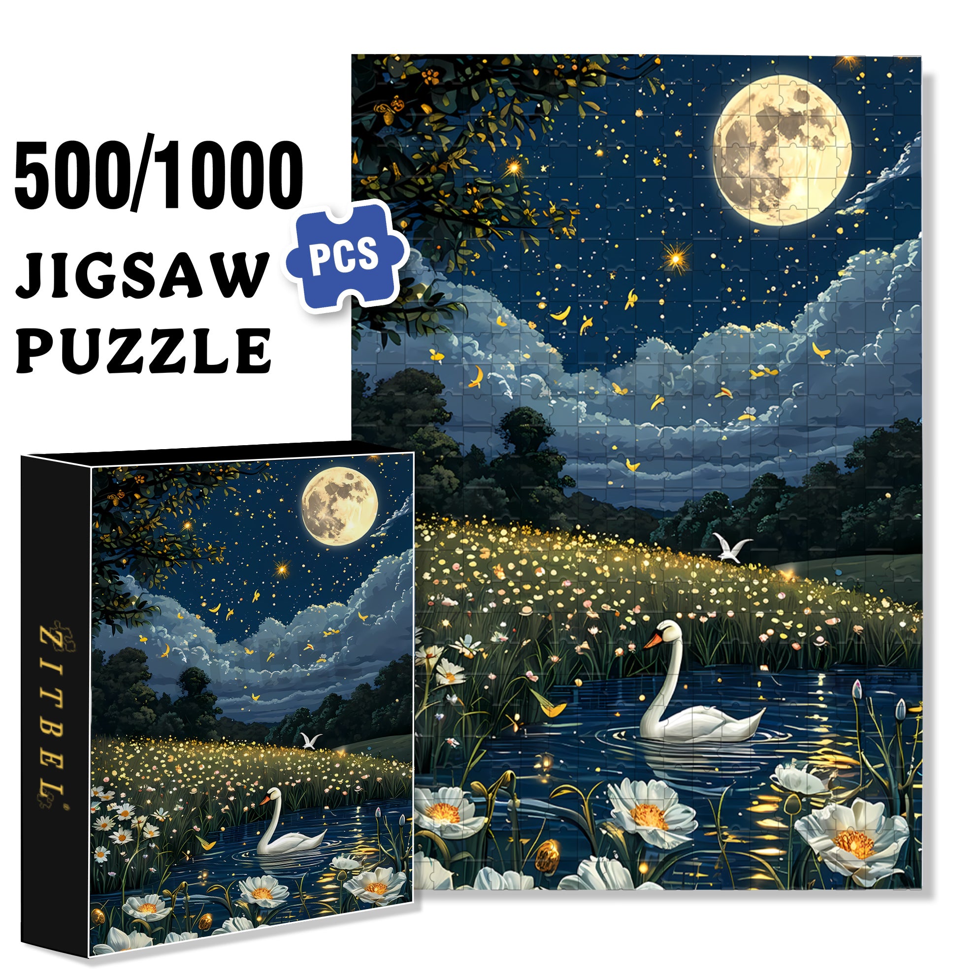 Moonlit Swan 500pcs/1000pcs Jigsaw Puzzle, Scratch-Resistant, Interactive Family Game & Brain-Boosting DIY Decor, Perfect for Halloween, Christmas & New Year Gifts, Family Puzzle Game