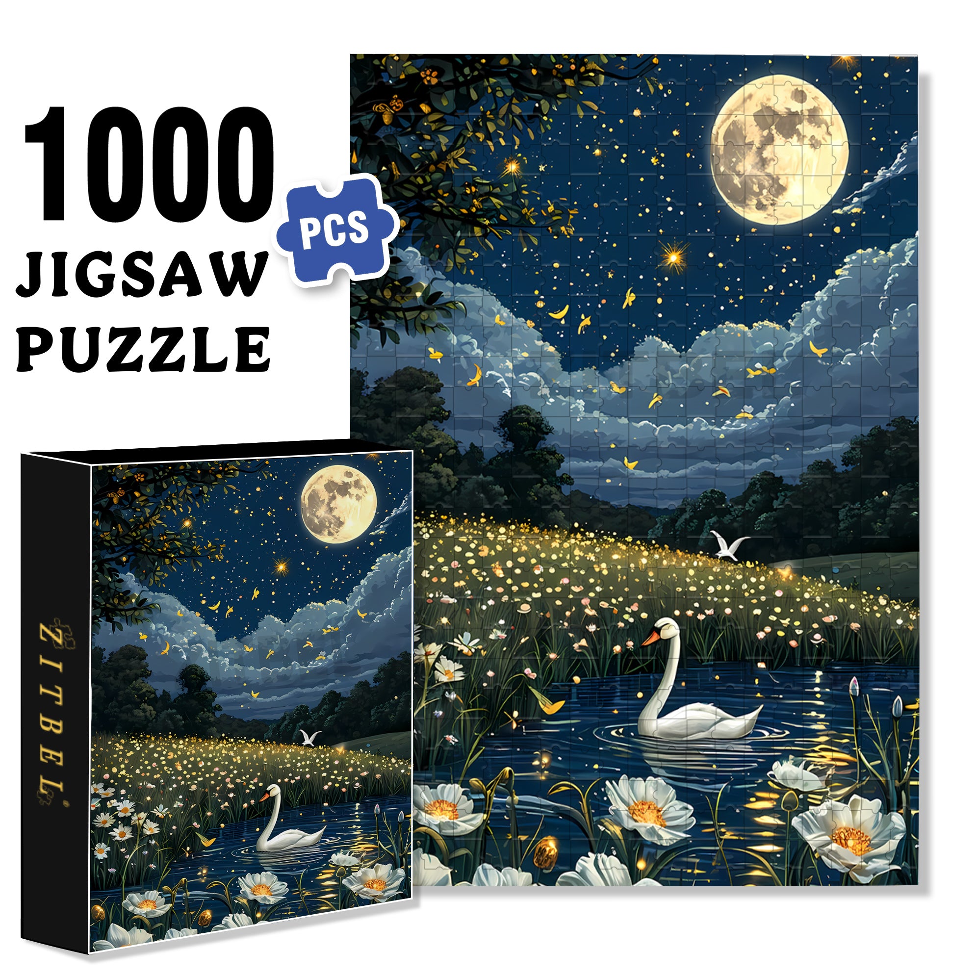 Moonlit Swan 500pcs/1000pcs Jigsaw Puzzle, Scratch-Resistant, Interactive Family Game & Brain-Boosting DIY Decor, Perfect for Halloween, Christmas & New Year Gifts, Family Puzzle Game