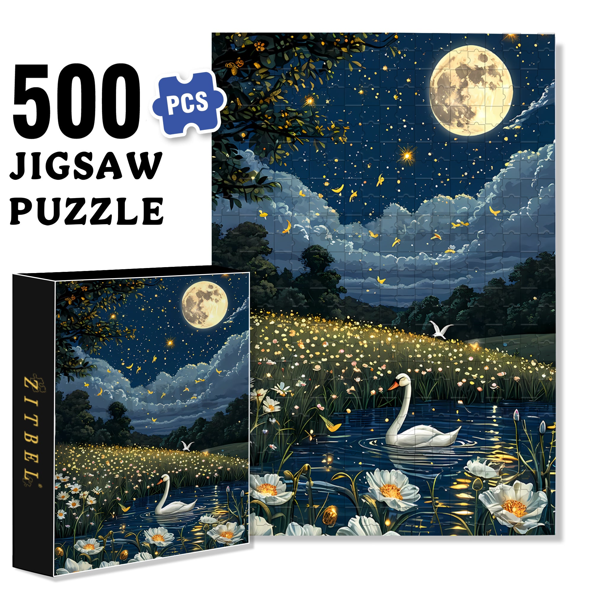 Moonlit Swan 500pcs/1000pcs Jigsaw Puzzle, Scratch-Resistant, Interactive Family Game & Brain-Boosting DIY Decor, Perfect for Halloween, Christmas & New Year Gifts, Family Puzzle Game