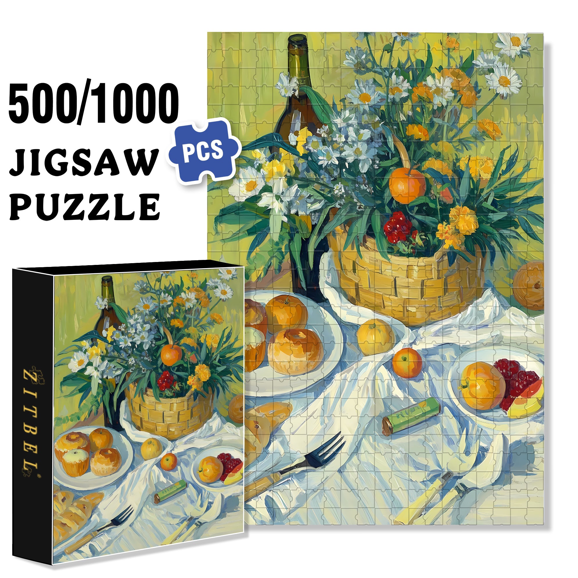Picnic Basket 500pcs/1000pcs Jigsaw Puzzle, Scratch-Resistant, Interactive Family Game & Brain-Boosting DIY Decor, Perfect for Halloween, Christmas & New Year Gifts, Family Puzzle Game