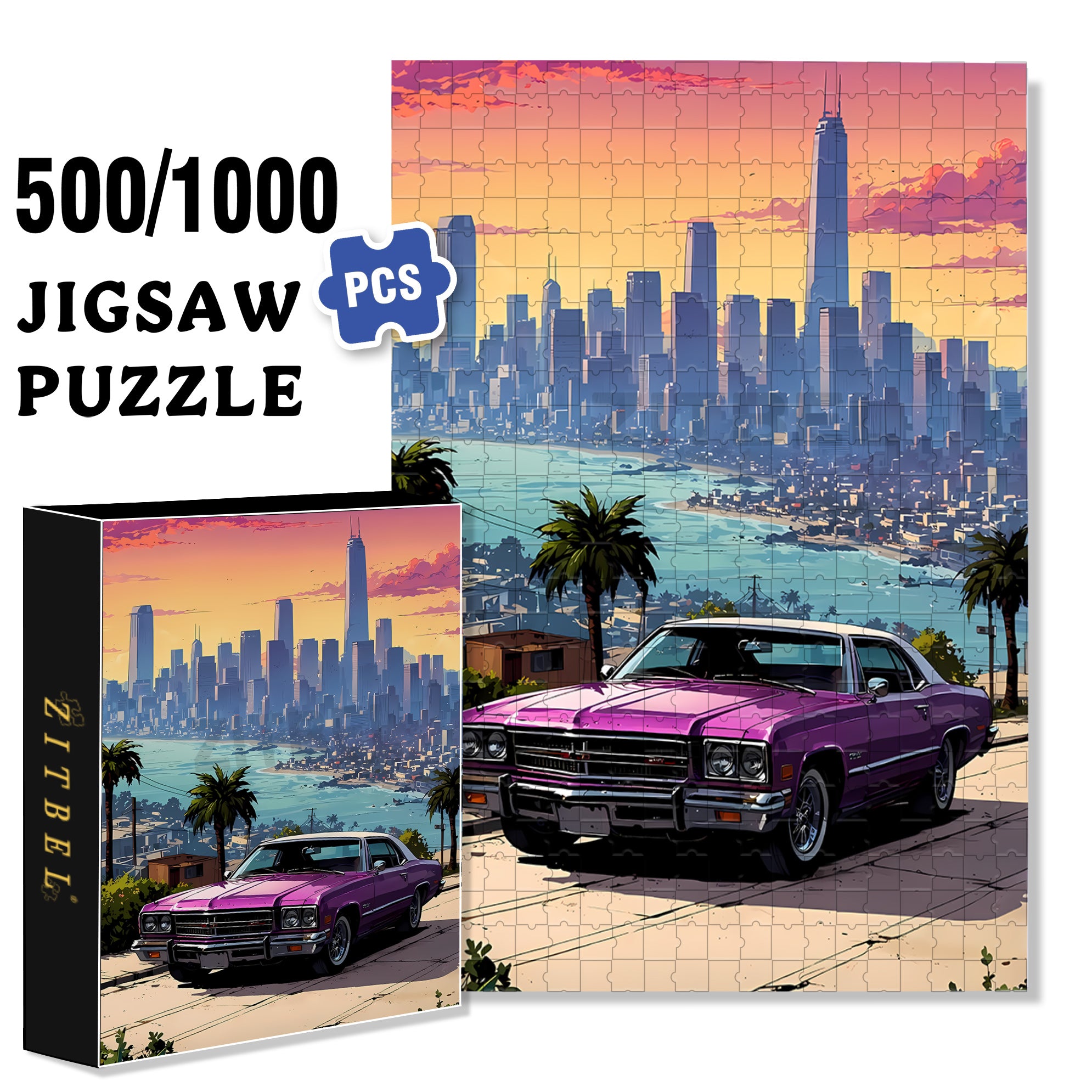 Purple Car 500pcs/1000pcs Jigsaw Puzzle, Scratch-Resistant, Interactive Family Game & Brain-Boosting DIY Decor, Perfect for Halloween, Christmas & New Year Gifts, Family Puzzle Game
