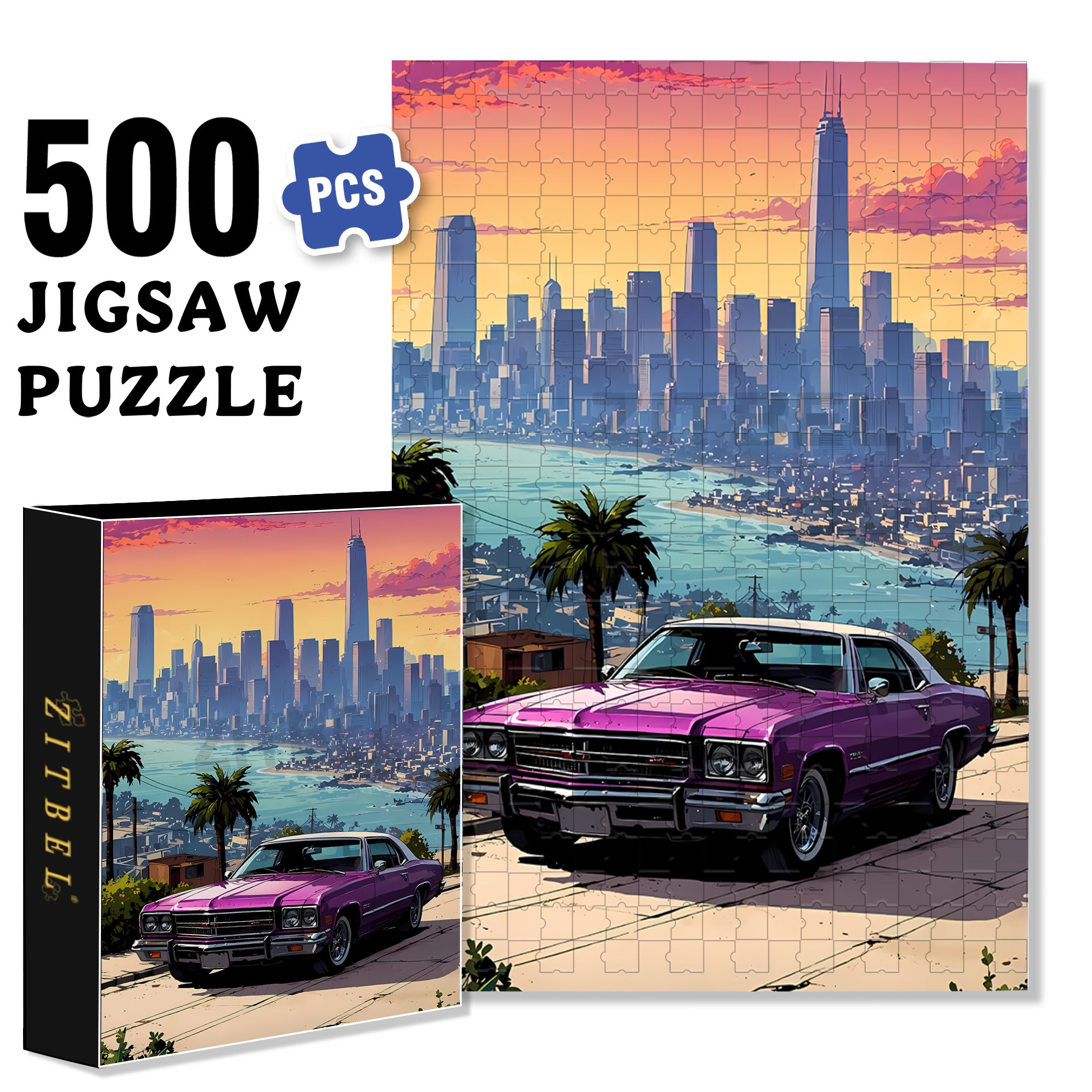 Purple Car 500pcs/1000pcs Jigsaw Puzzle, Scratch-Resistant, Interactive Family Game & Brain-Boosting DIY Decor, Perfect for Halloween, Christmas & New Year Gifts, Family Puzzle Game