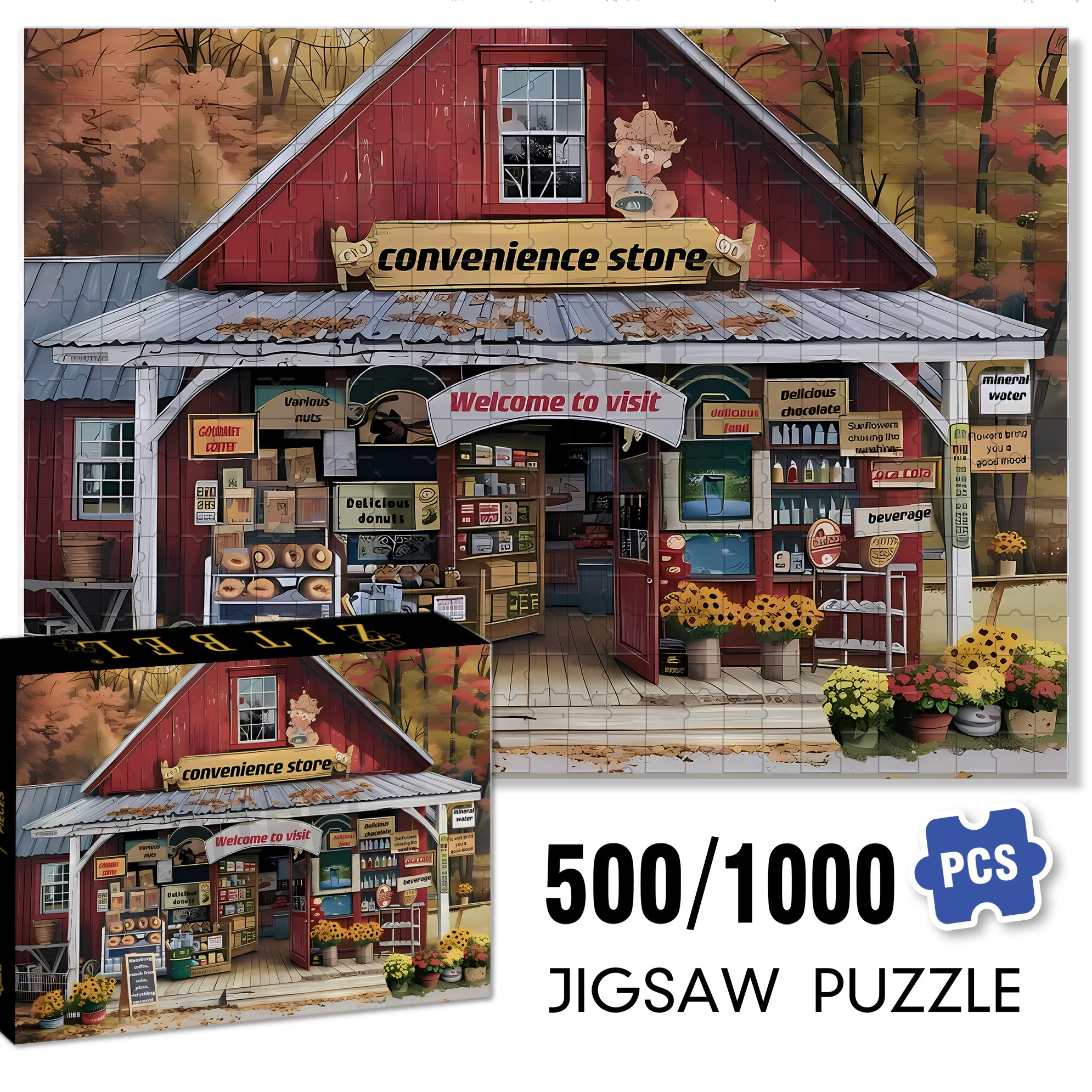 Convenience Store 500pcs/1000pcs Jigsaw Puzzle, Scratch-Resistant, Interactive Family Game & Brain-Boosting DIY Decor, Perfect for Halloween, Christmas & New Year Gifts, Family Puzzle Game