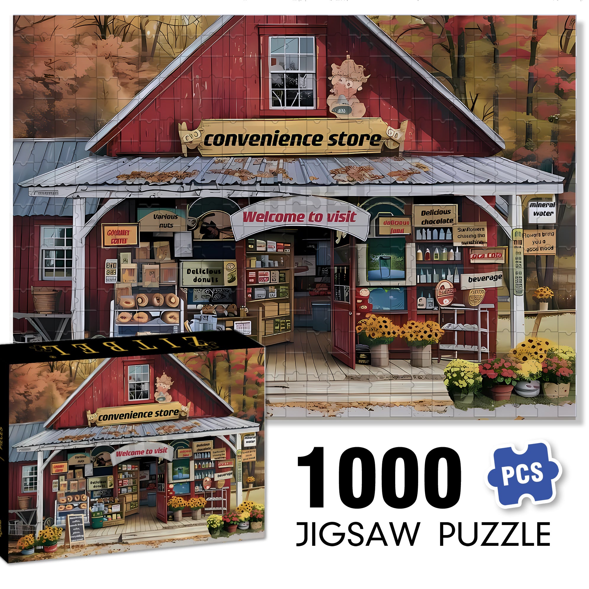 Convenience Store 500pcs/1000pcs Jigsaw Puzzle, Scratch-Resistant, Interactive Family Game & Brain-Boosting DIY Decor, Perfect for Halloween, Christmas & New Year Gifts, Family Puzzle Game
