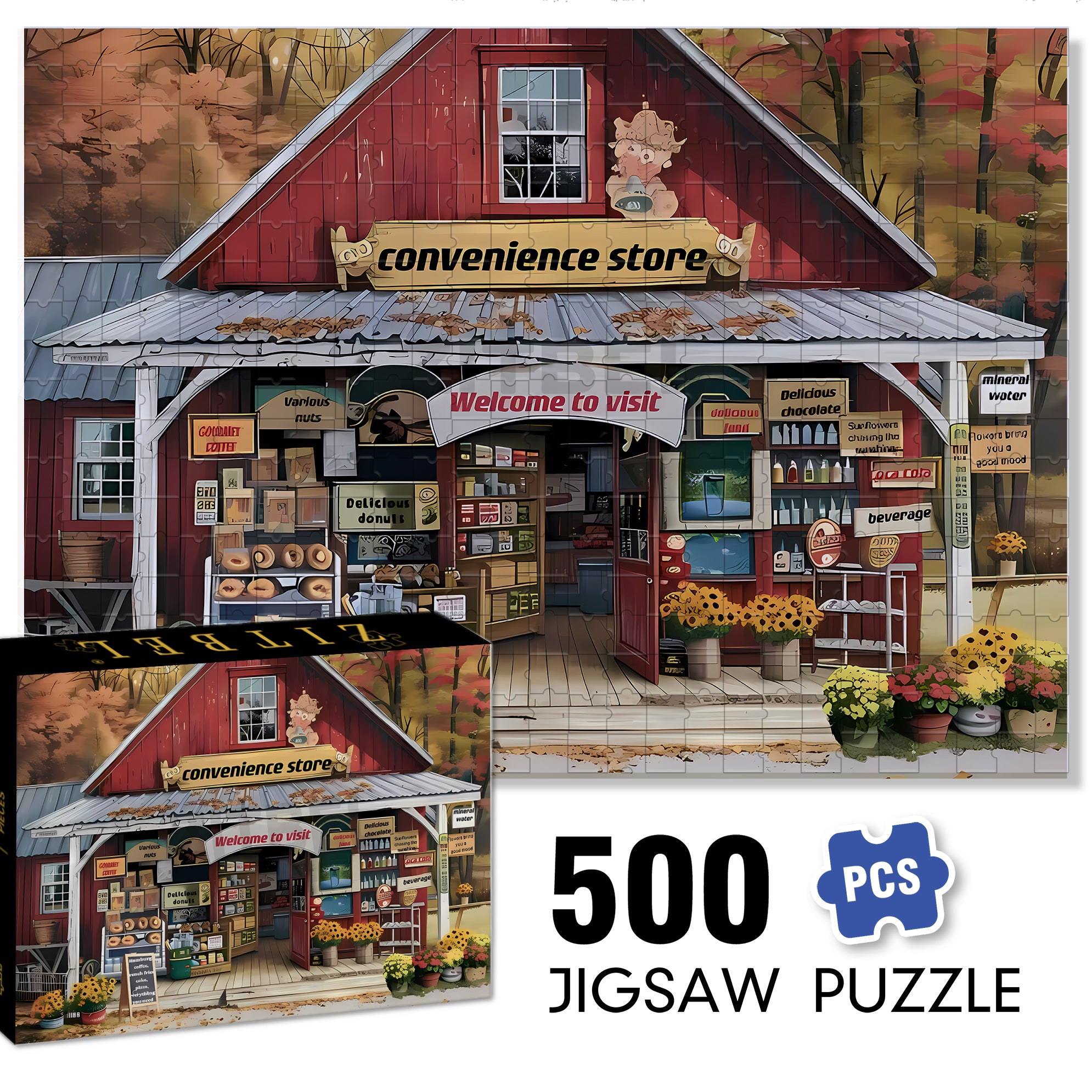 Convenience Store 500pcs/1000pcs Jigsaw Puzzle, Scratch-Resistant, Interactive Family Game & Brain-Boosting DIY Decor, Perfect for Halloween, Christmas & New Year Gifts, Family Puzzle Game
