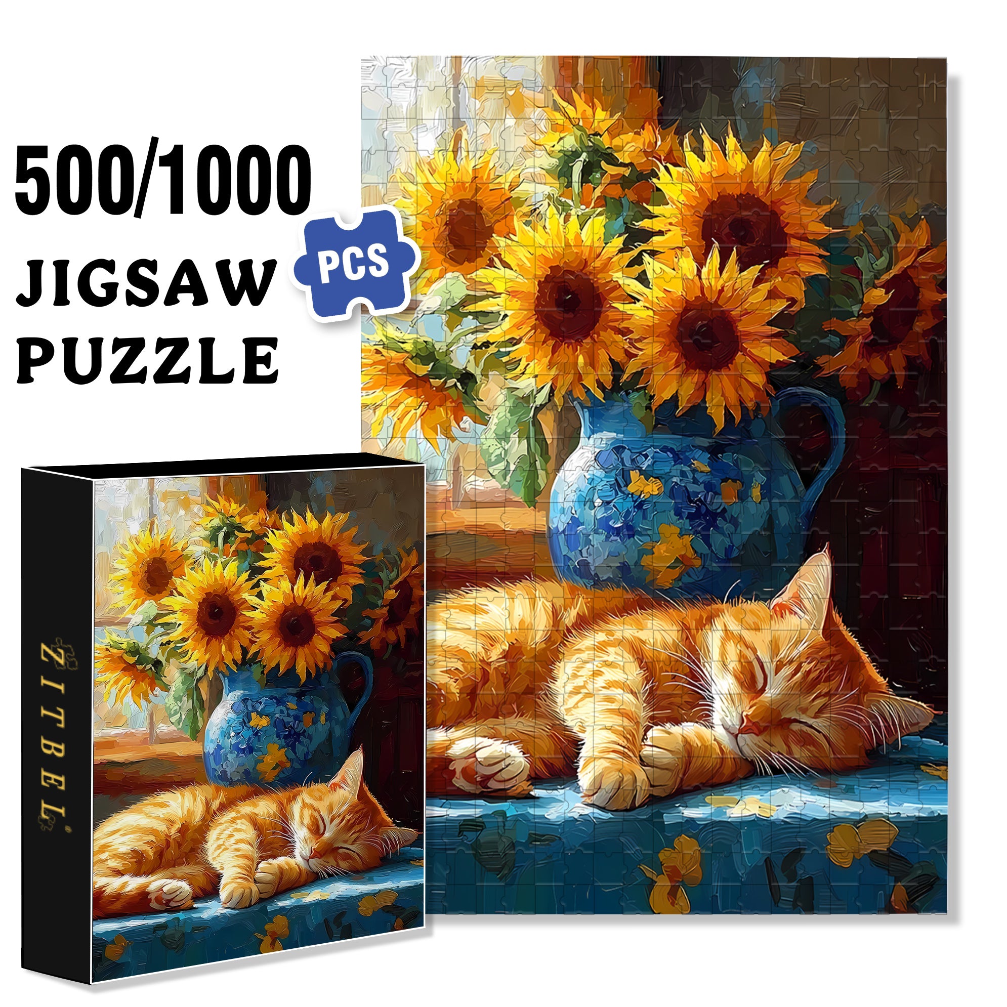 Lazy Cat 500pcs/1000pcs Jigsaw Puzzle, Scratch-Resistant, Interactive Family Game & Brain-Boosting DIY Decor, Perfect for Halloween, Christmas & New Year Gifts, Family Puzzle Game