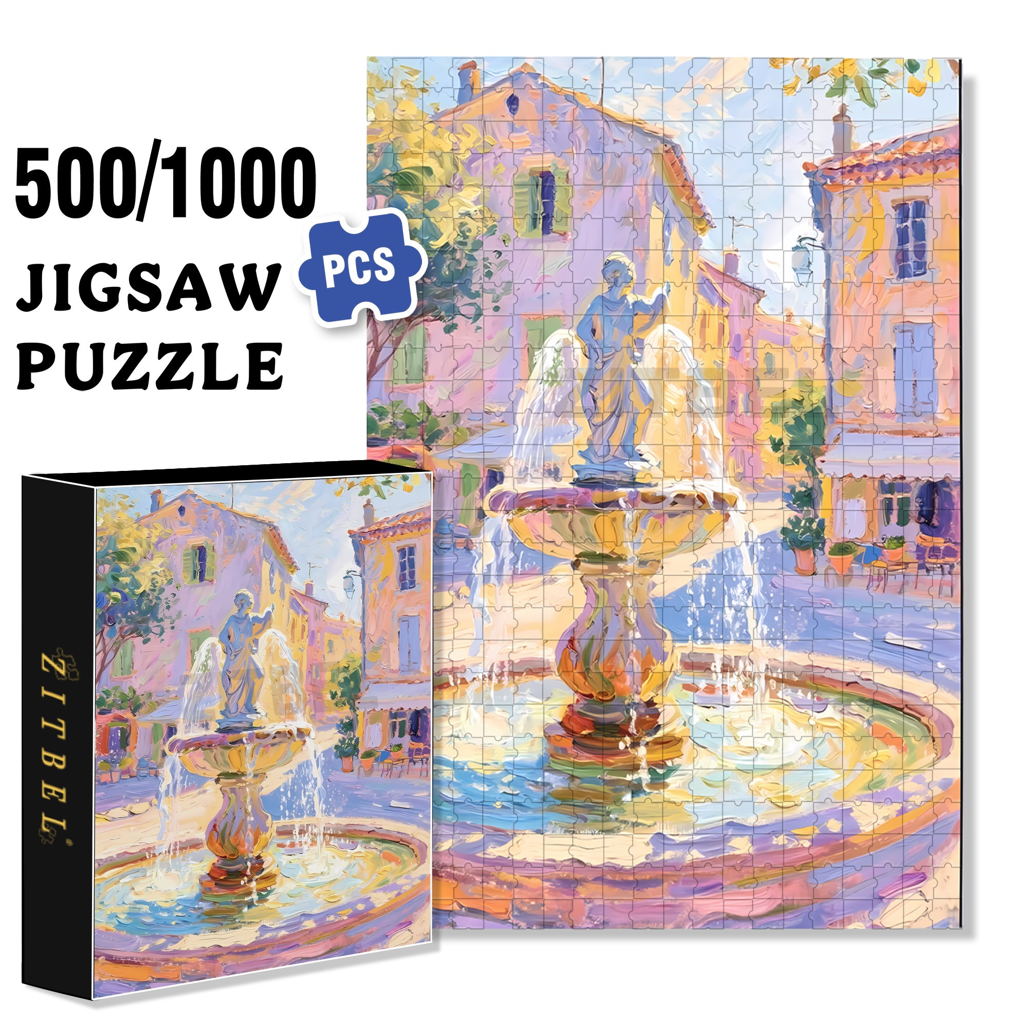 Street Fountain 500pcs/1000pcs Jigsaw Puzzle, Scratch-Resistant, Interactive Family Game & Brain-Boosting DIY Decor, Perfect for Halloween, Christmas & New Year Gifts, Family Puzzle Game