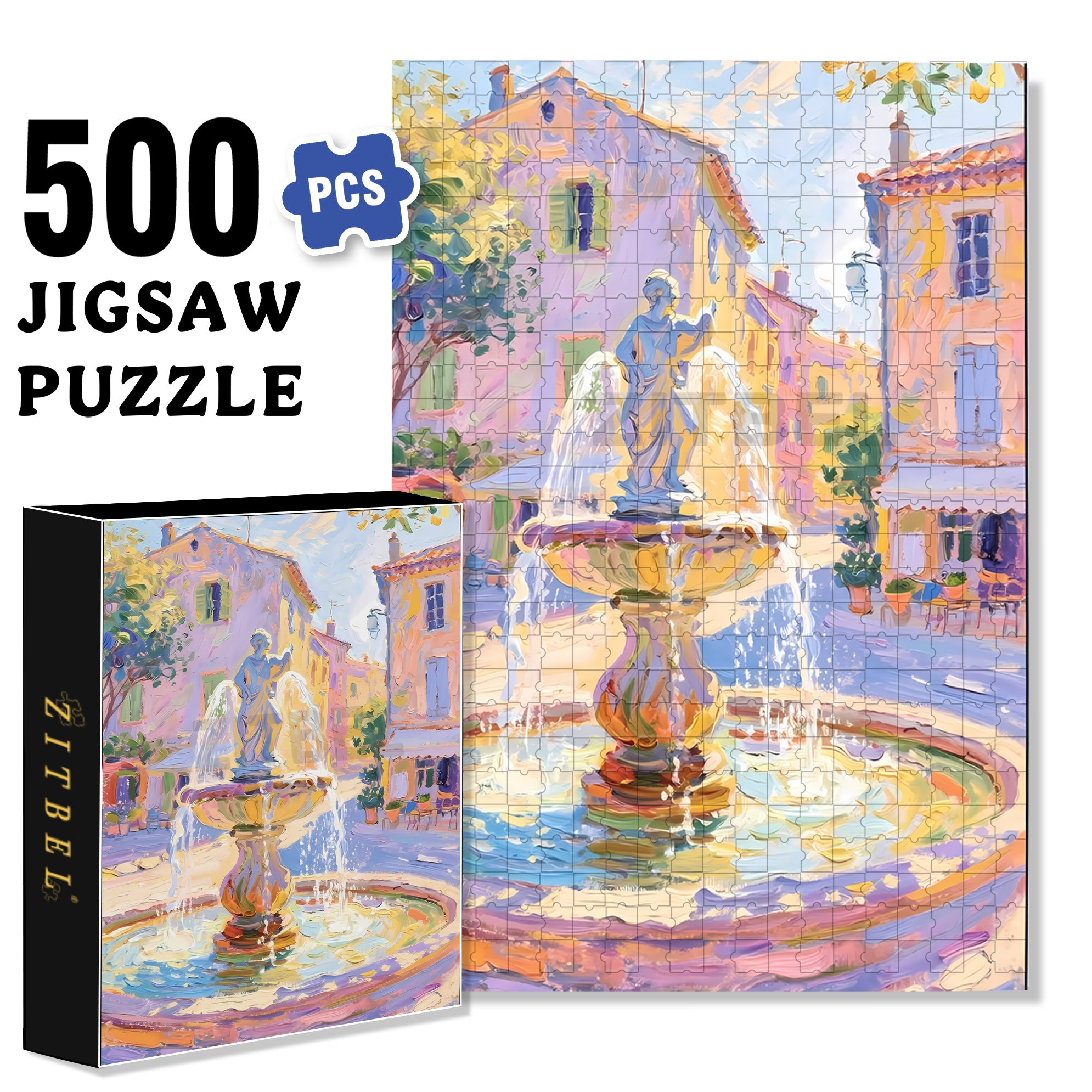 Street Fountain 500pcs/1000pcs Jigsaw Puzzle, Scratch-Resistant, Interactive Family Game & Brain-Boosting DIY Decor, Perfect for Halloween, Christmas & New Year Gifts, Family Puzzle Game