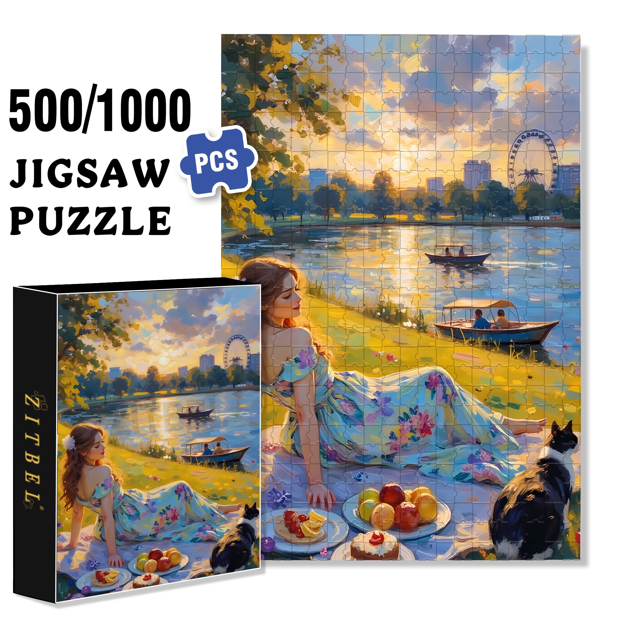 Sunset By The Lake 500pcs/1000pcs Jigsaw Puzzle, Scratch-Resistant, Interactive Family Game & Brain-Boosting DIY Decor, Perfect for Halloween, Christmas & New Year Gifts, Family Puzzle Game