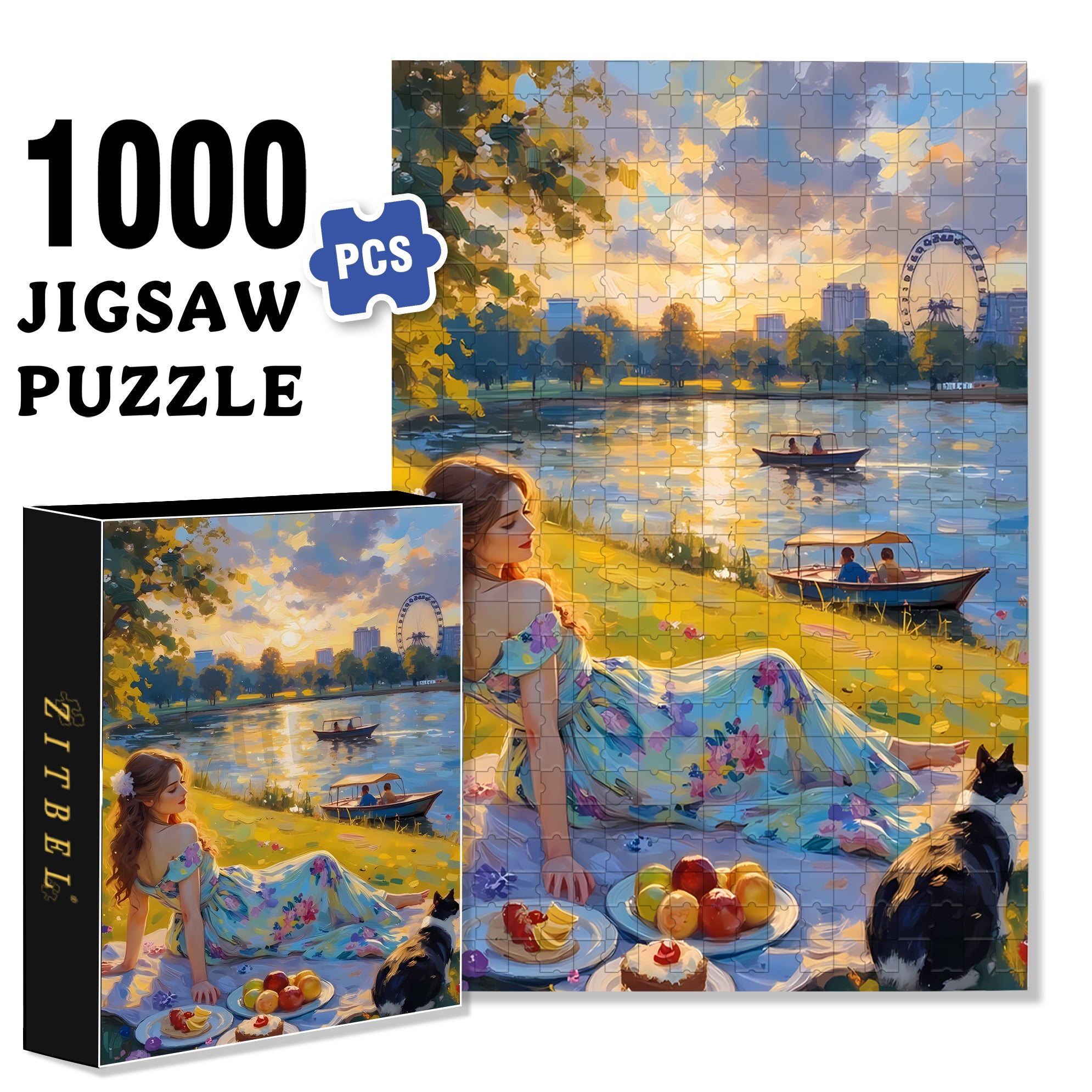 Sunset By The Lake 500pcs/1000pcs Jigsaw Puzzle, Scratch-Resistant, Interactive Family Game & Brain-Boosting DIY Decor, Perfect for Halloween, Christmas & New Year Gifts, Family Puzzle Game