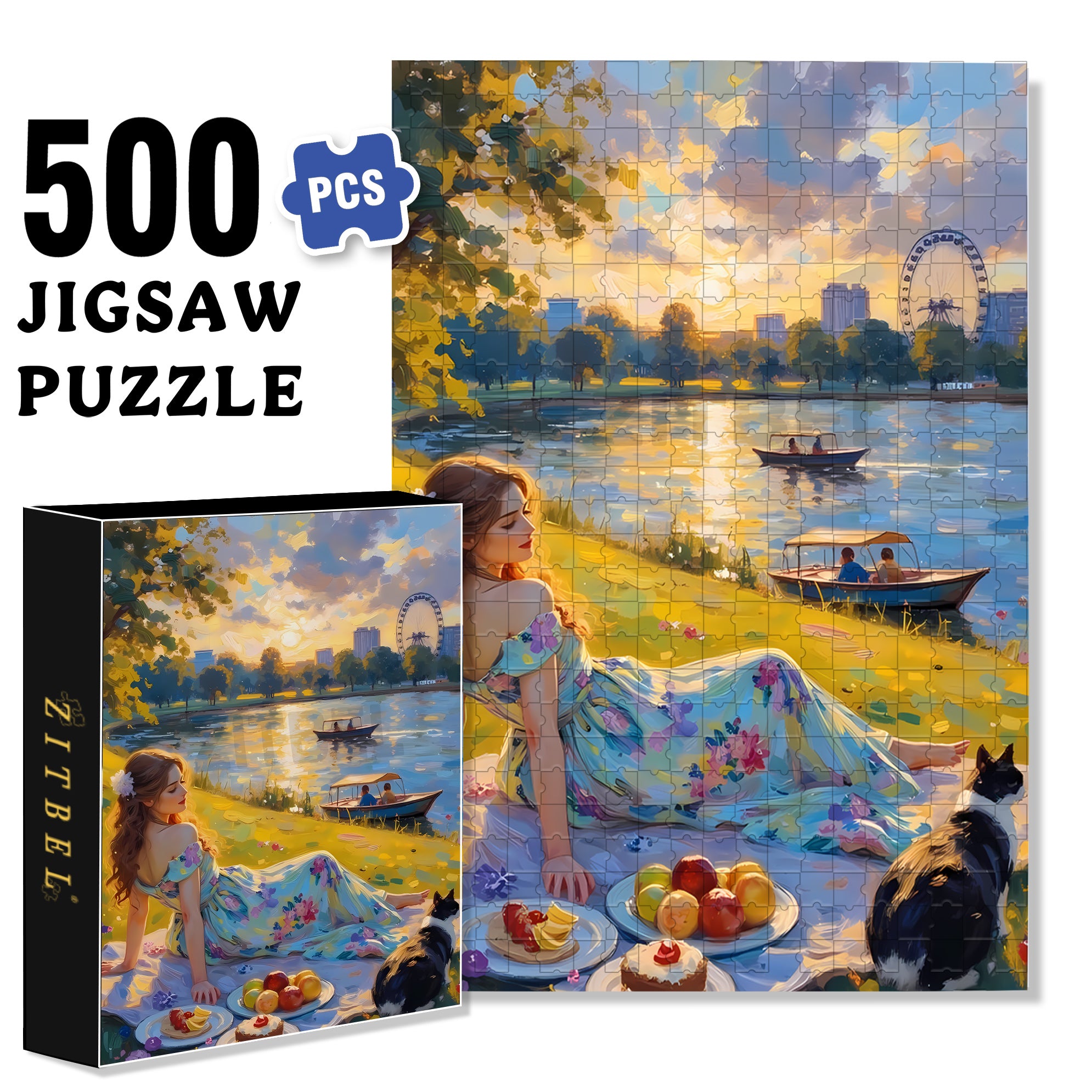 Sunset By The Lake 500pcs/1000pcs Jigsaw Puzzle, Scratch-Resistant, Interactive Family Game & Brain-Boosting DIY Decor, Perfect for Halloween, Christmas & New Year Gifts, Family Puzzle Game
