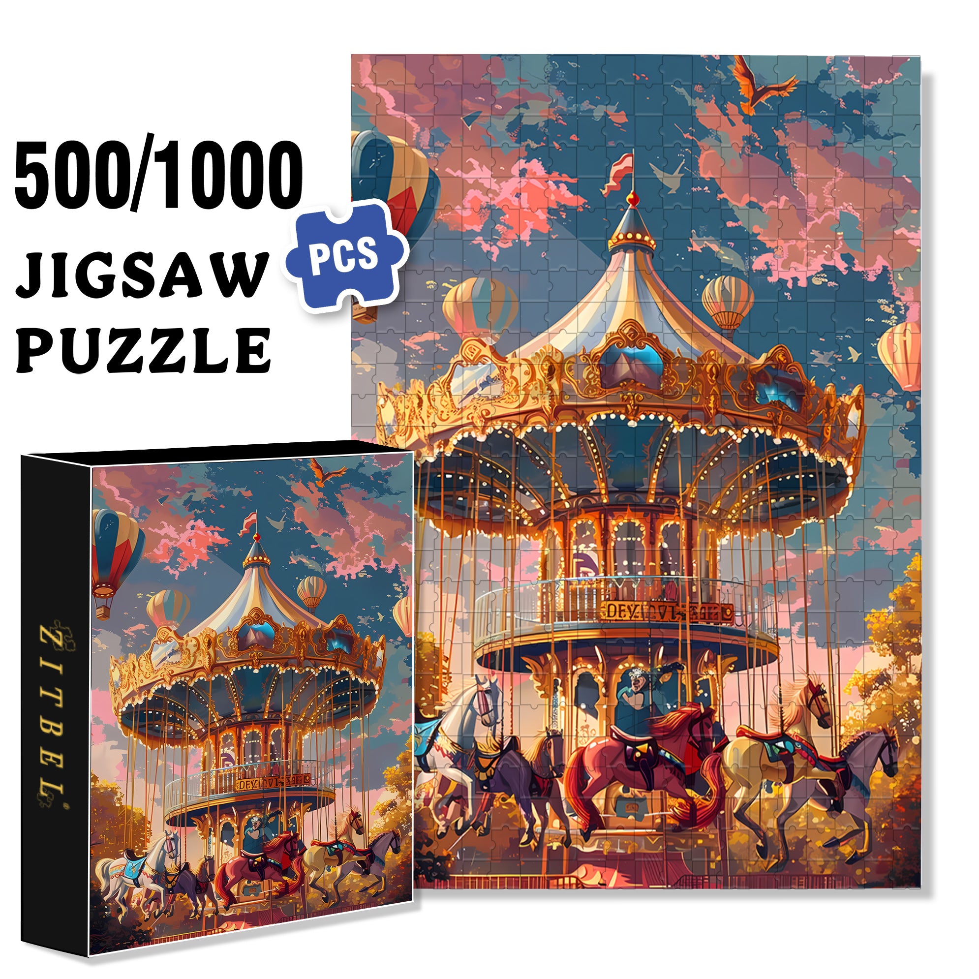 Carousel 500pcs/1000pcs Jigsaw Puzzle, Scratch-Resistant, Interactive Family Game & Brain-Boosting DIY Decor, Perfect for Halloween, Christmas & New Year Gifts, Family Puzzle Game